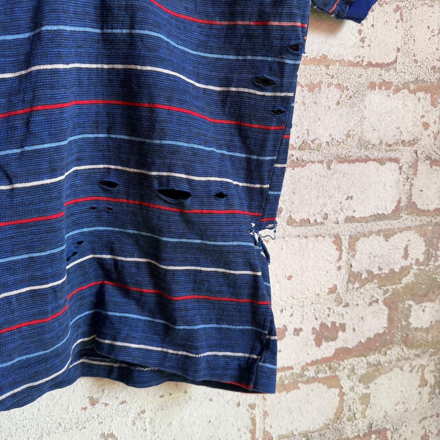 1960s Blue Distressed Striped British Polo Shirt Top