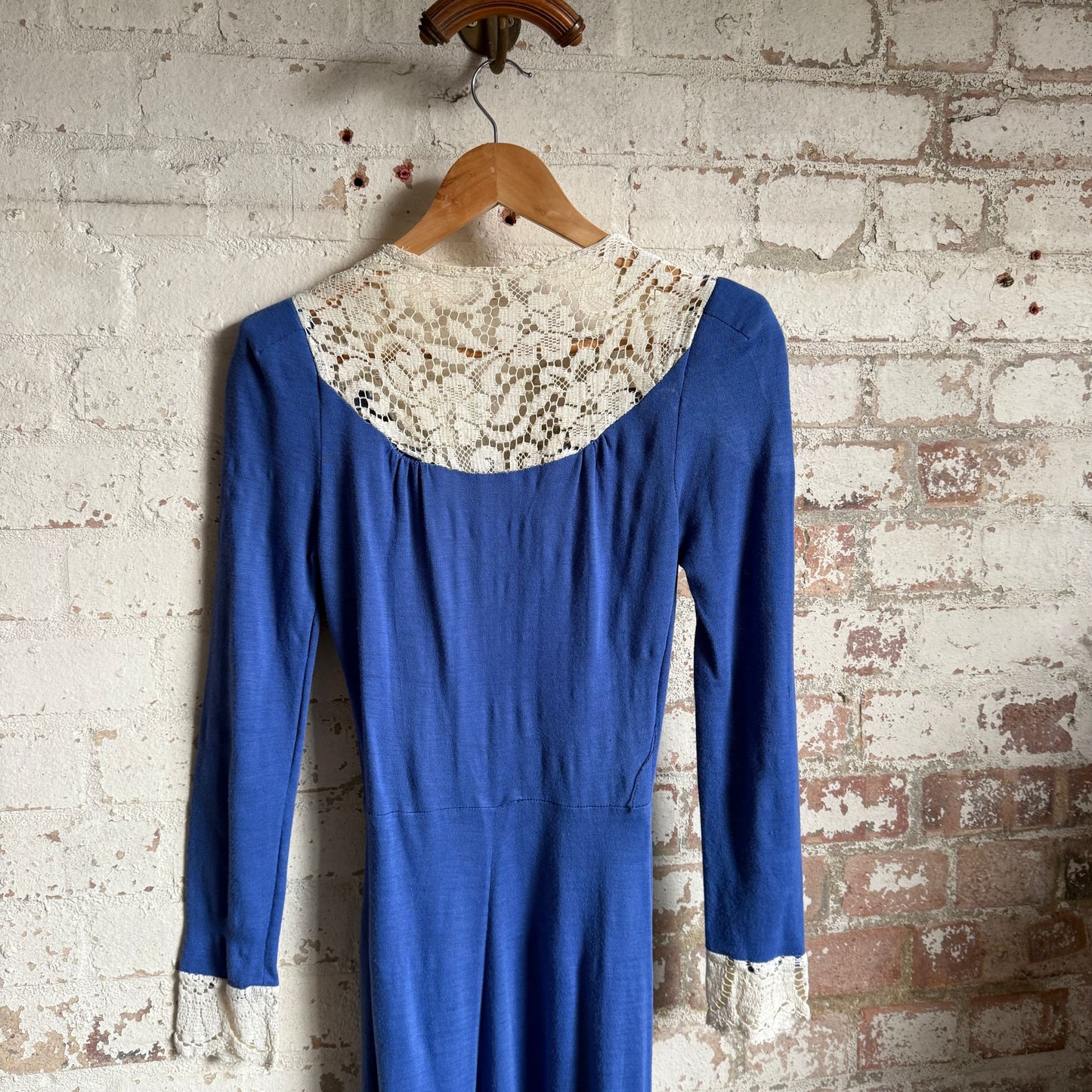 1970s Blue Ann Reeves Cotton Embroidered Button Long Dress