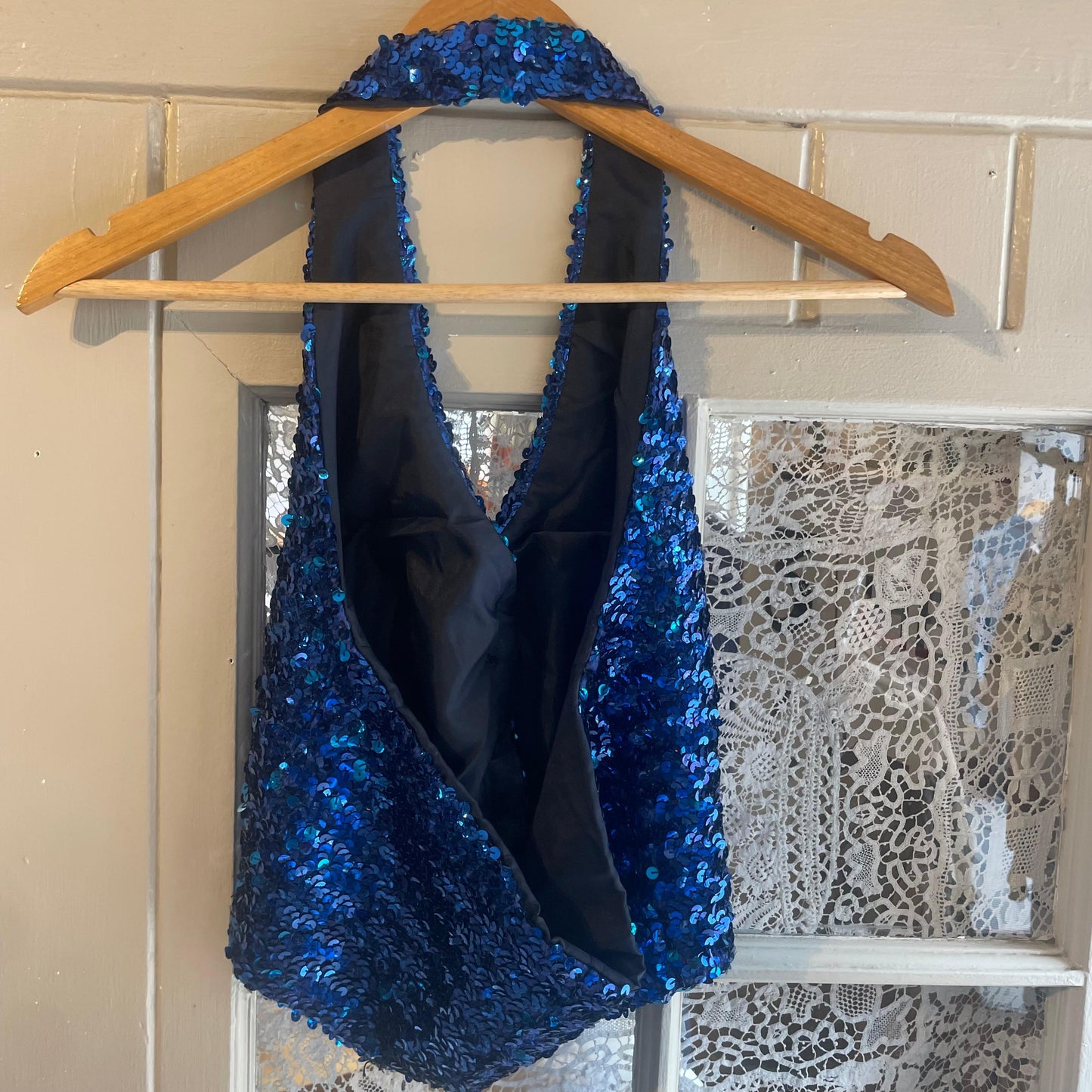 1970s Blue Sequin Halter Neck Top