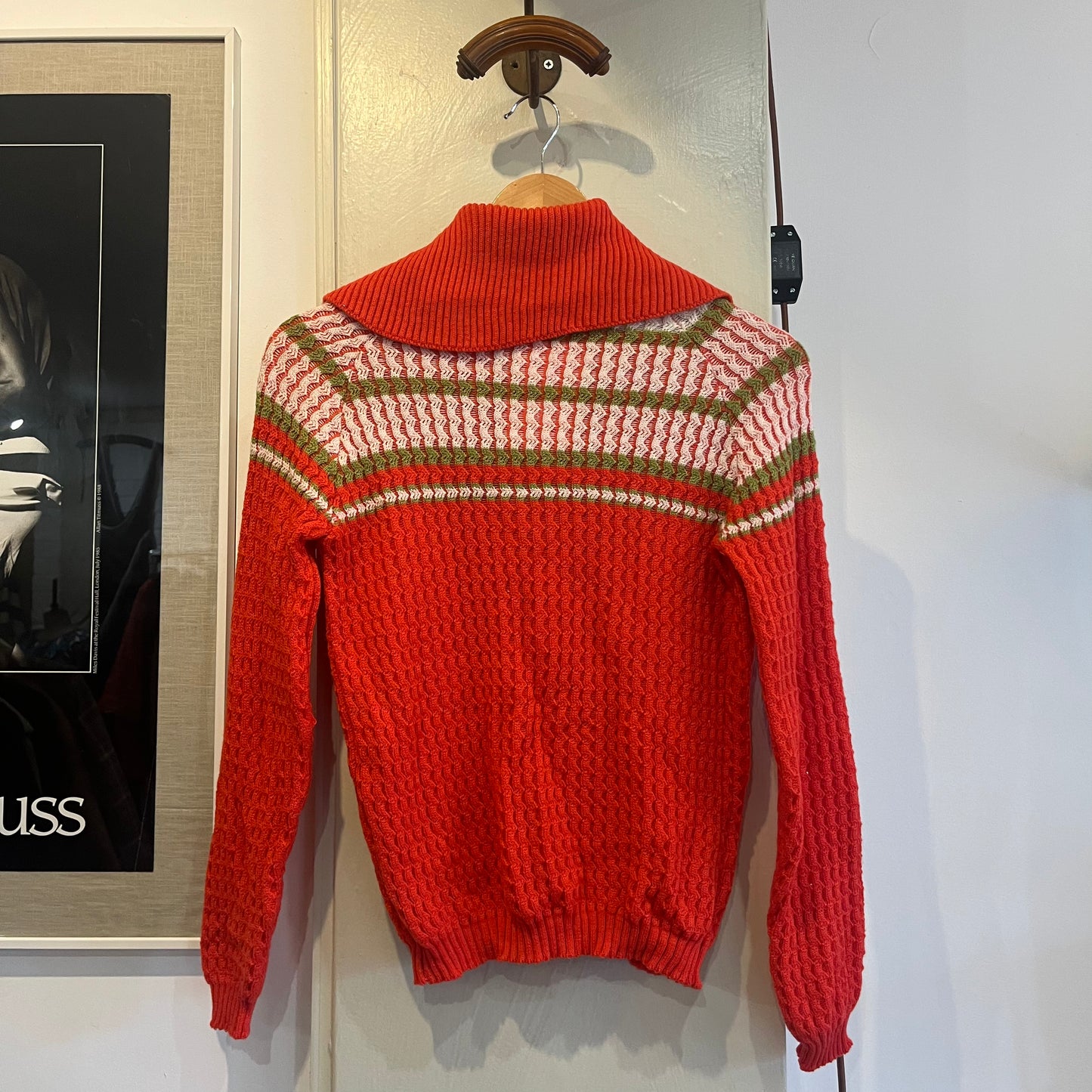 1960s Orange Knitted Wool Patterned Cardigan Jumper