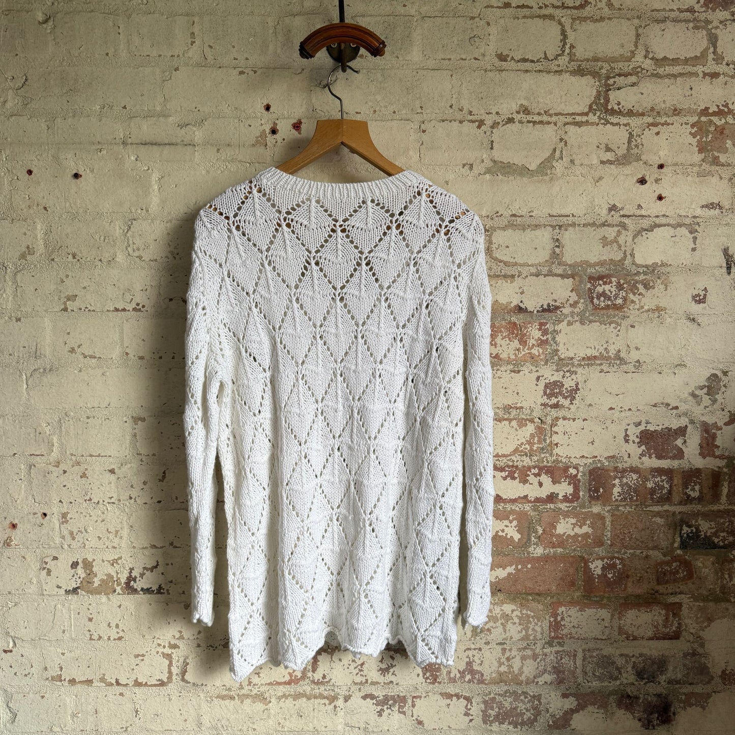 1980s White Diamond Crochet Knitted Jumper