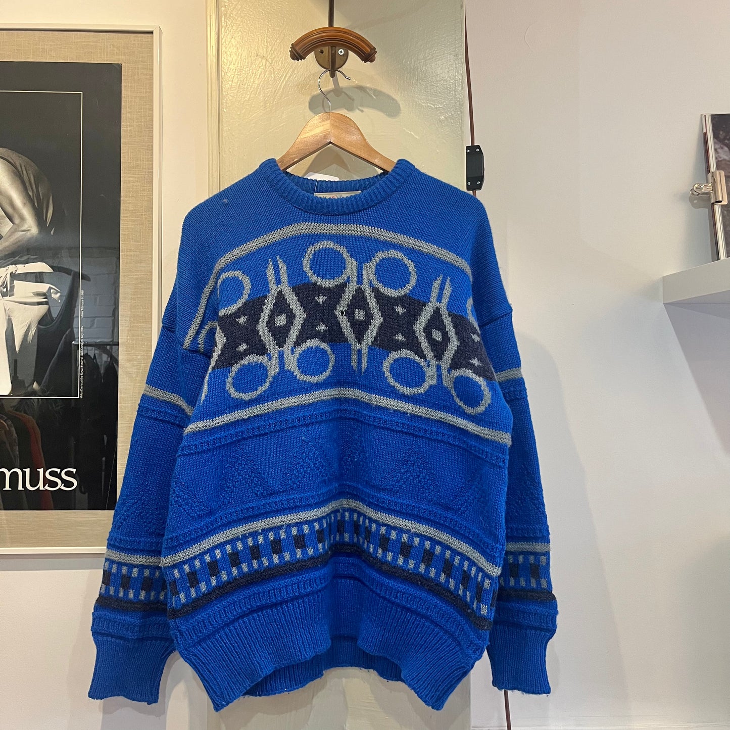 1960s Blue Knitted Wool Patterned Jumper