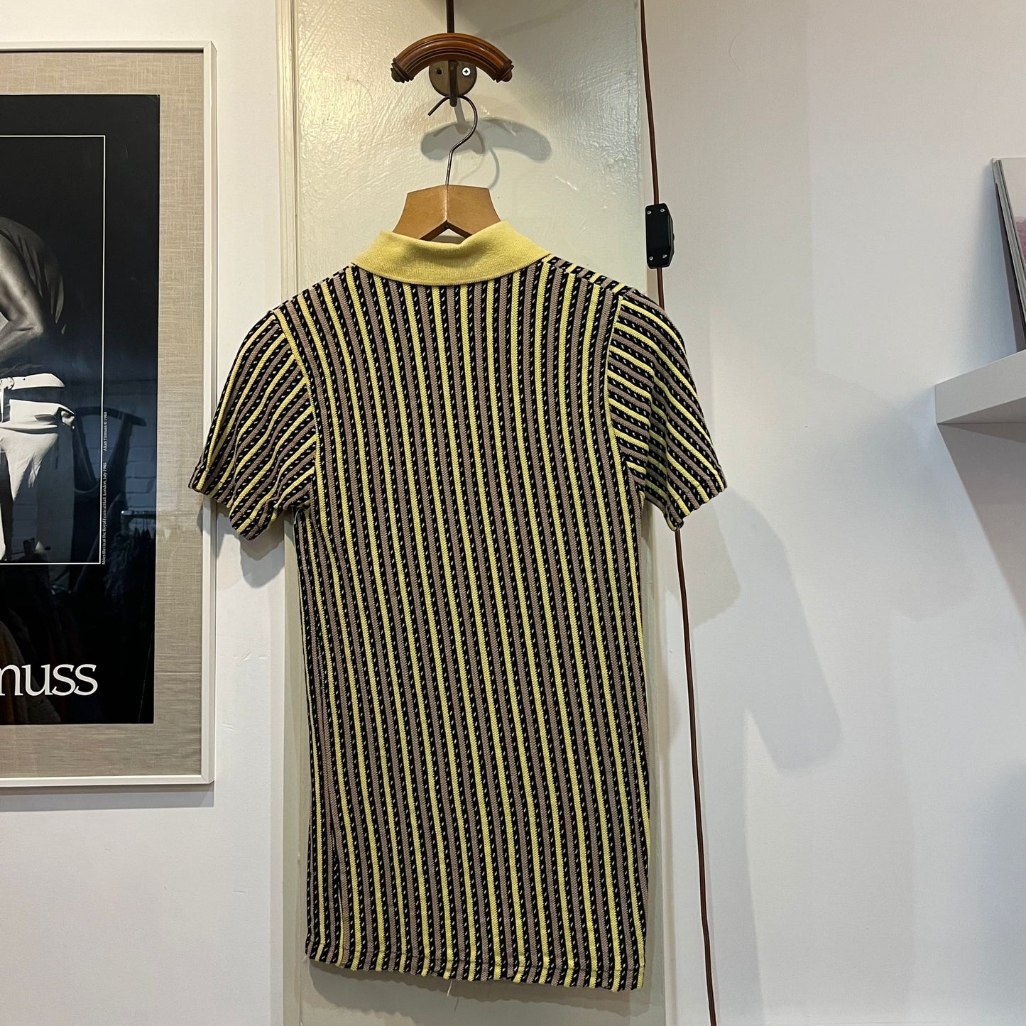 1960s 1970s British Yellow Striped Patterned Polo Shirt Top
