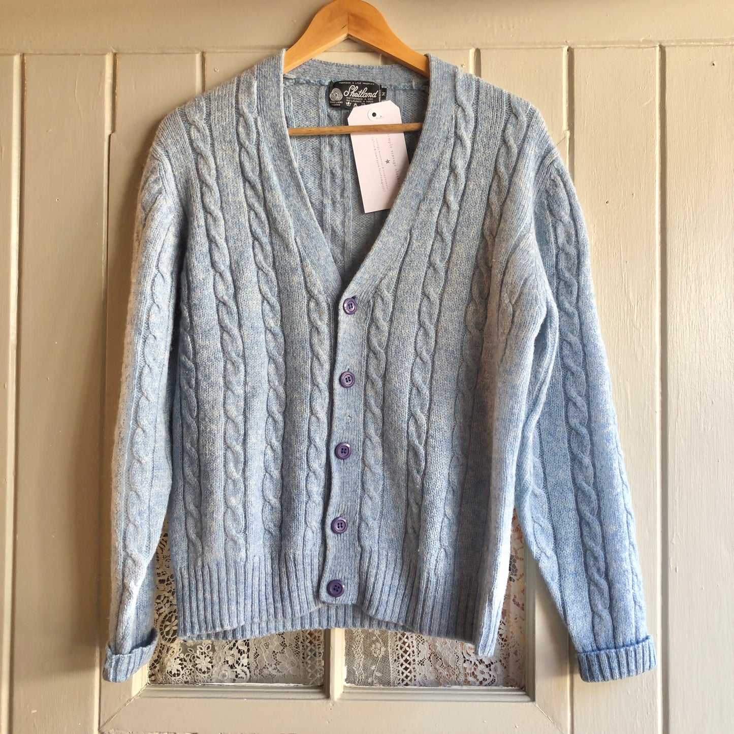1970s Baby Blue Shetland Wool Cable Jumper