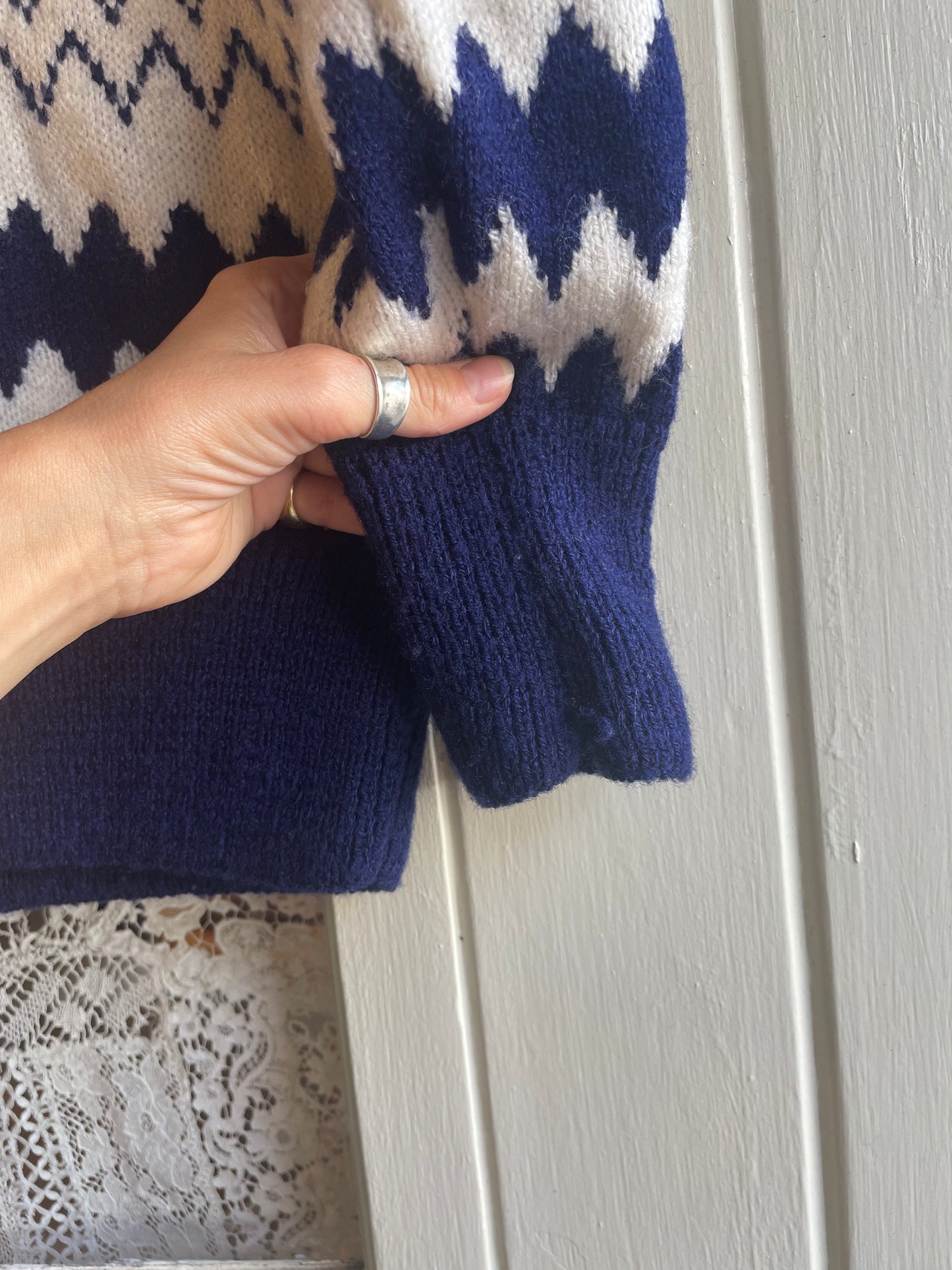 1970s White and Blue Hand Knitted Cardigan Jumper