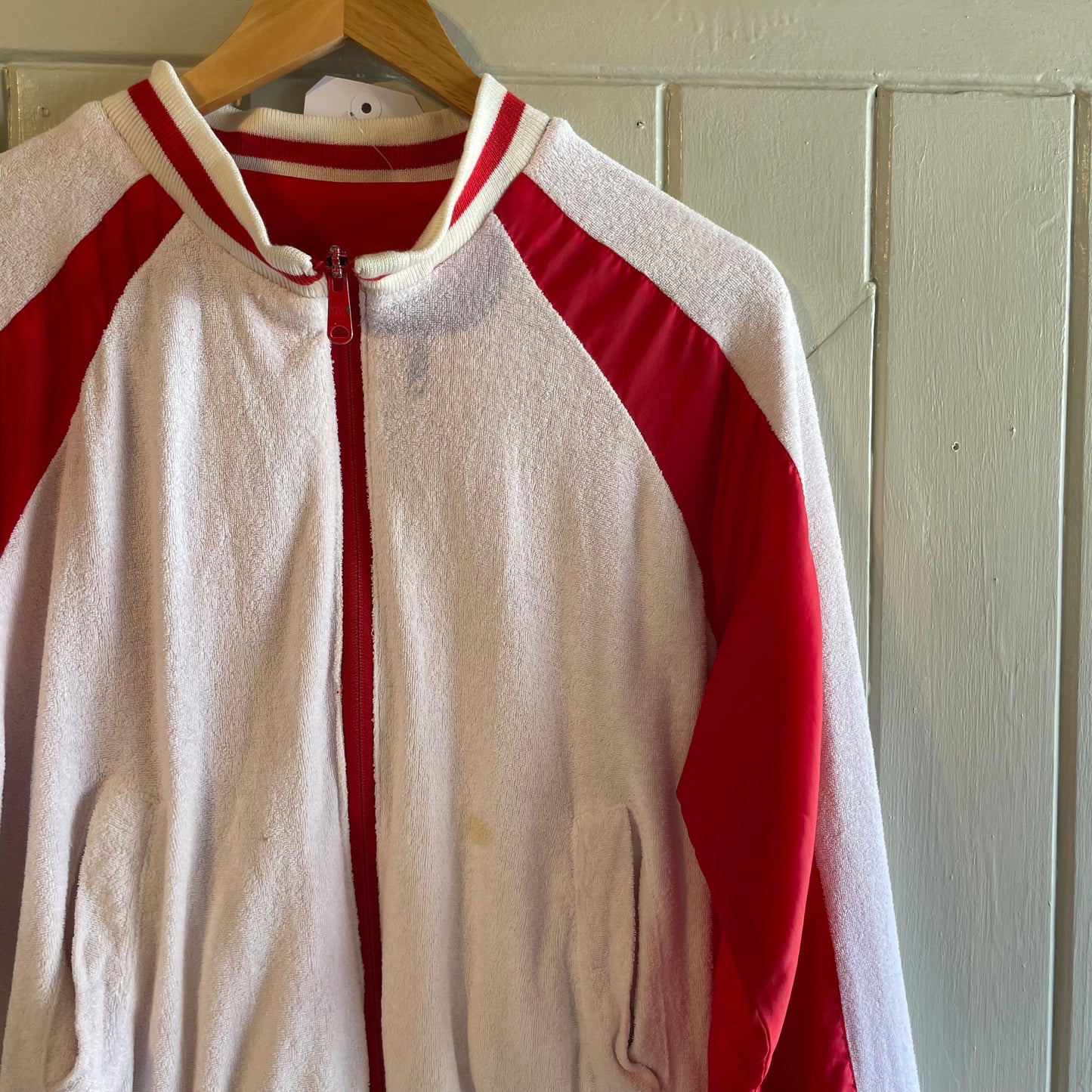 1970s Reversible Towelling White and Red Zip Up Jacket