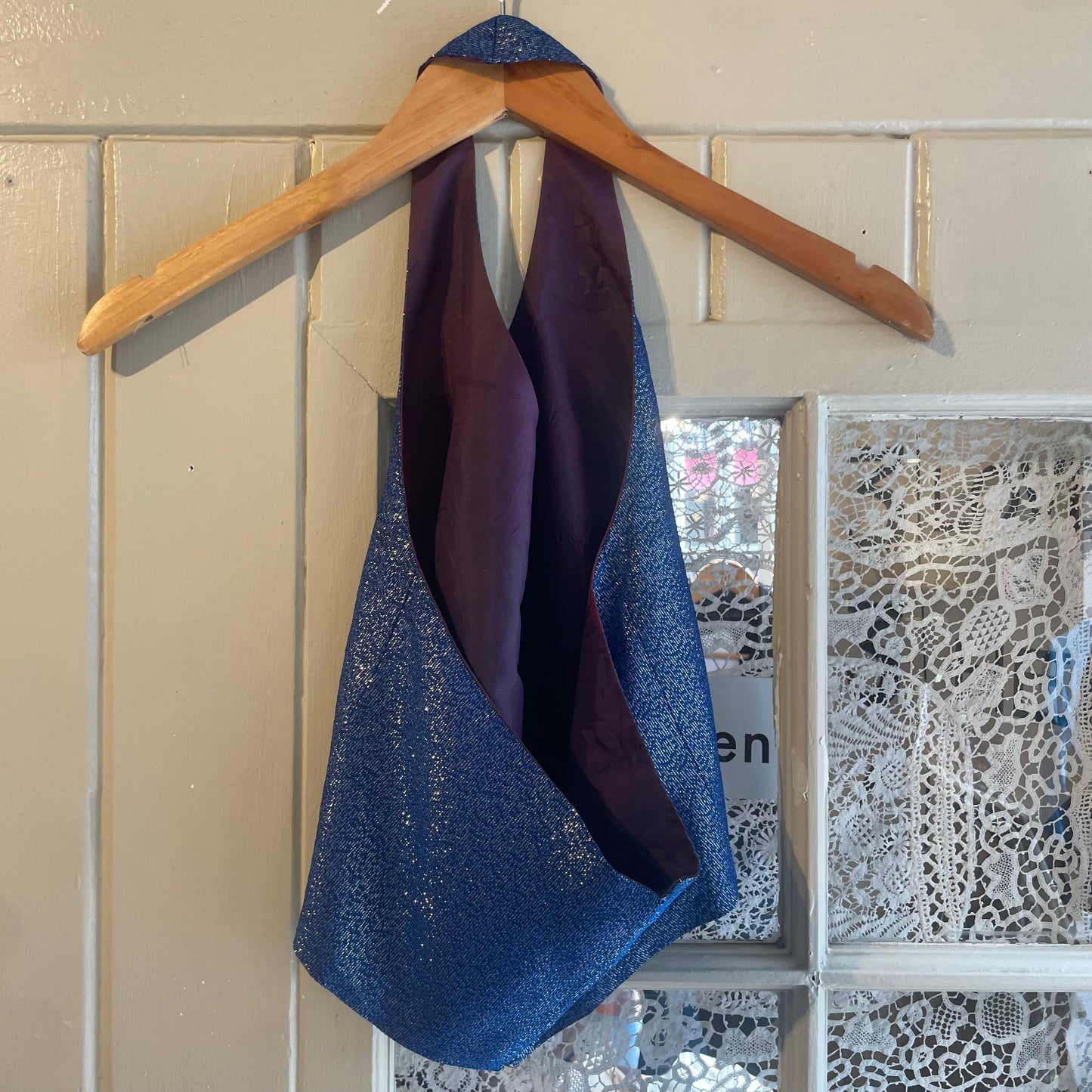 1970s Blue Sparkly Halter Neck Top