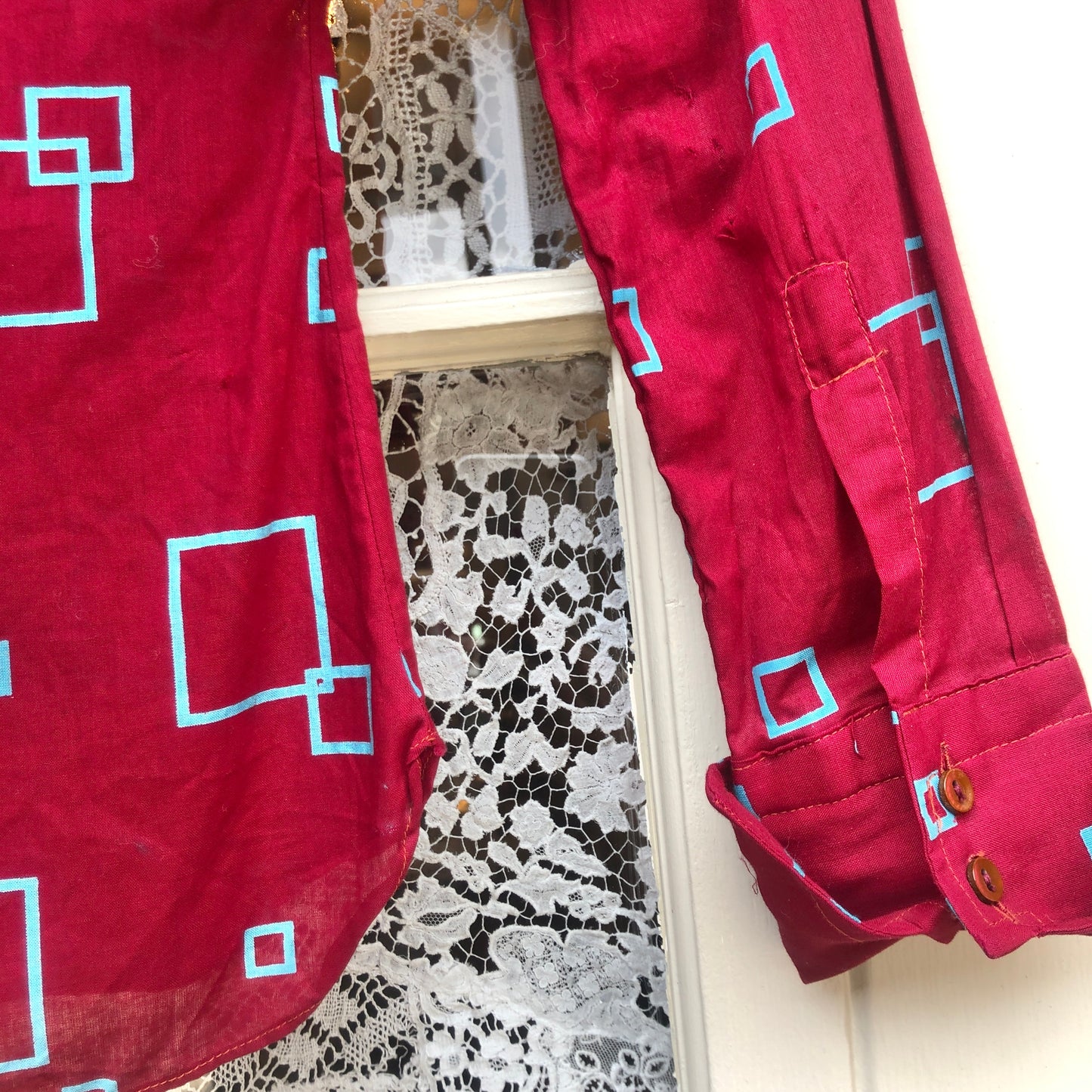 1970s Maroon Patterned Dagger Collar Shirt