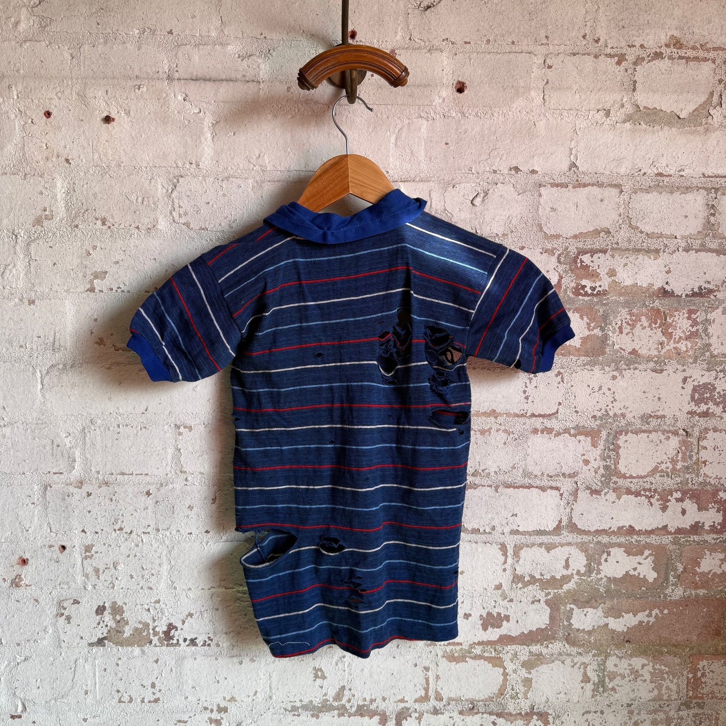 1960s Blue Distressed Striped British Polo Shirt Top