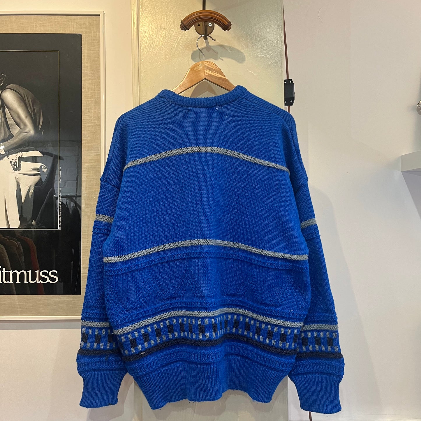 1960s Blue Knitted Wool Patterned Jumper