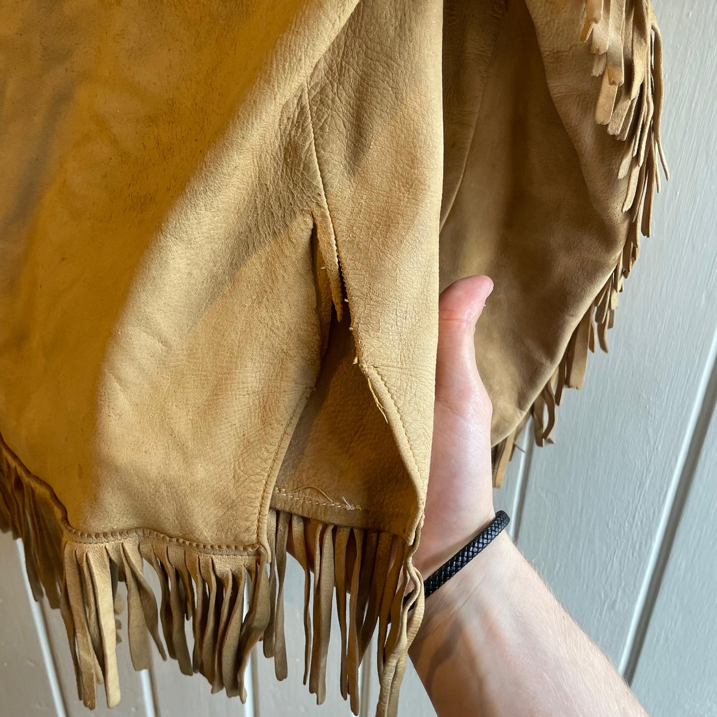 1950s Beige Fringe Leather Western Pullover Jacket Smock