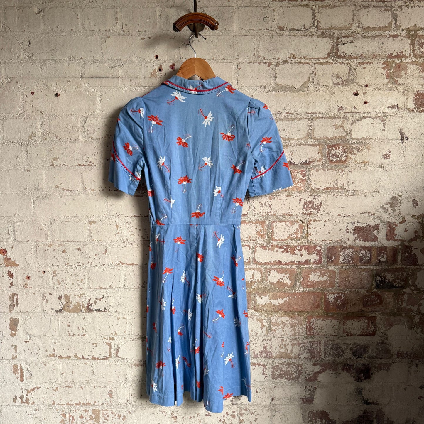1970s Blue Louis Caring Red Floral Print Cotton Dress