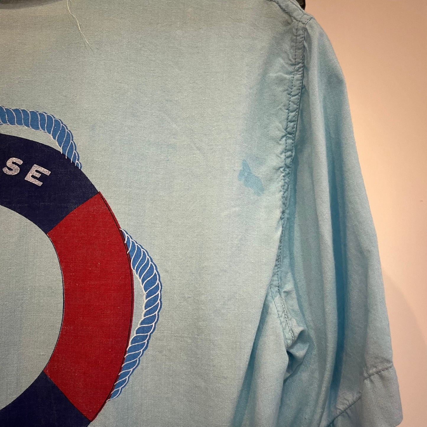 1970s Blue Linen Graphic Detail Button Shirt