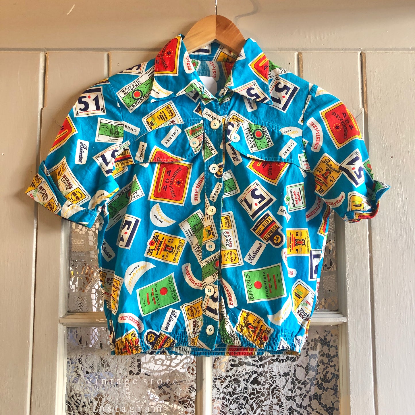 1970s Blue Graphic Cropped Print Shirt