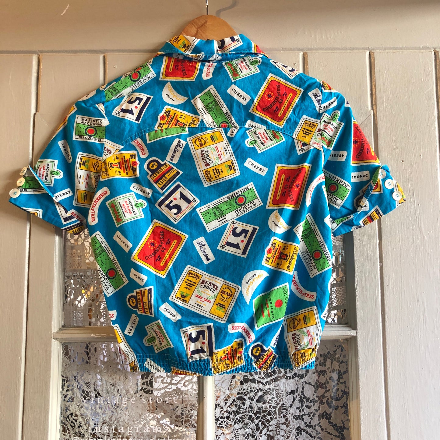 1970s Blue Graphic Cropped Print Shirt