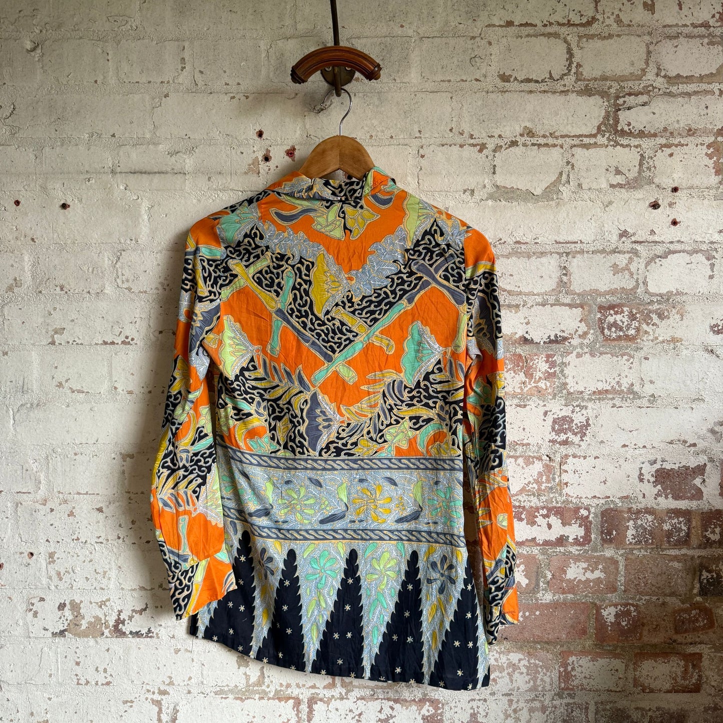 1970s Patterned Silk Button Blouse Shirt
