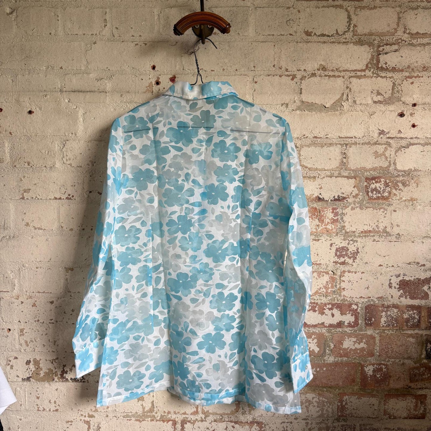 1970s Blue Floral Sheer Mini Dress Shirt