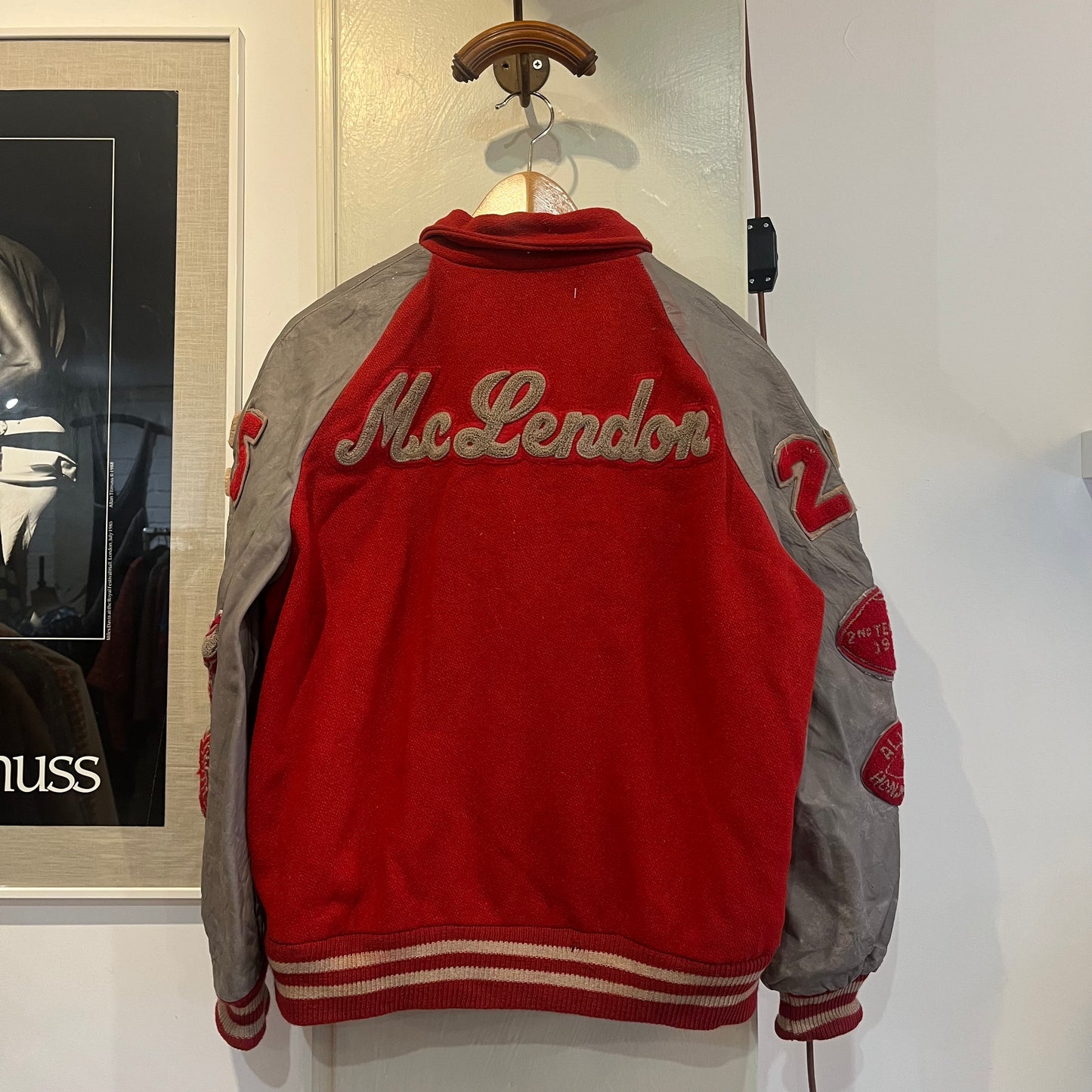 1970s Red and Grey Leather Varsity College Bomber Jacket