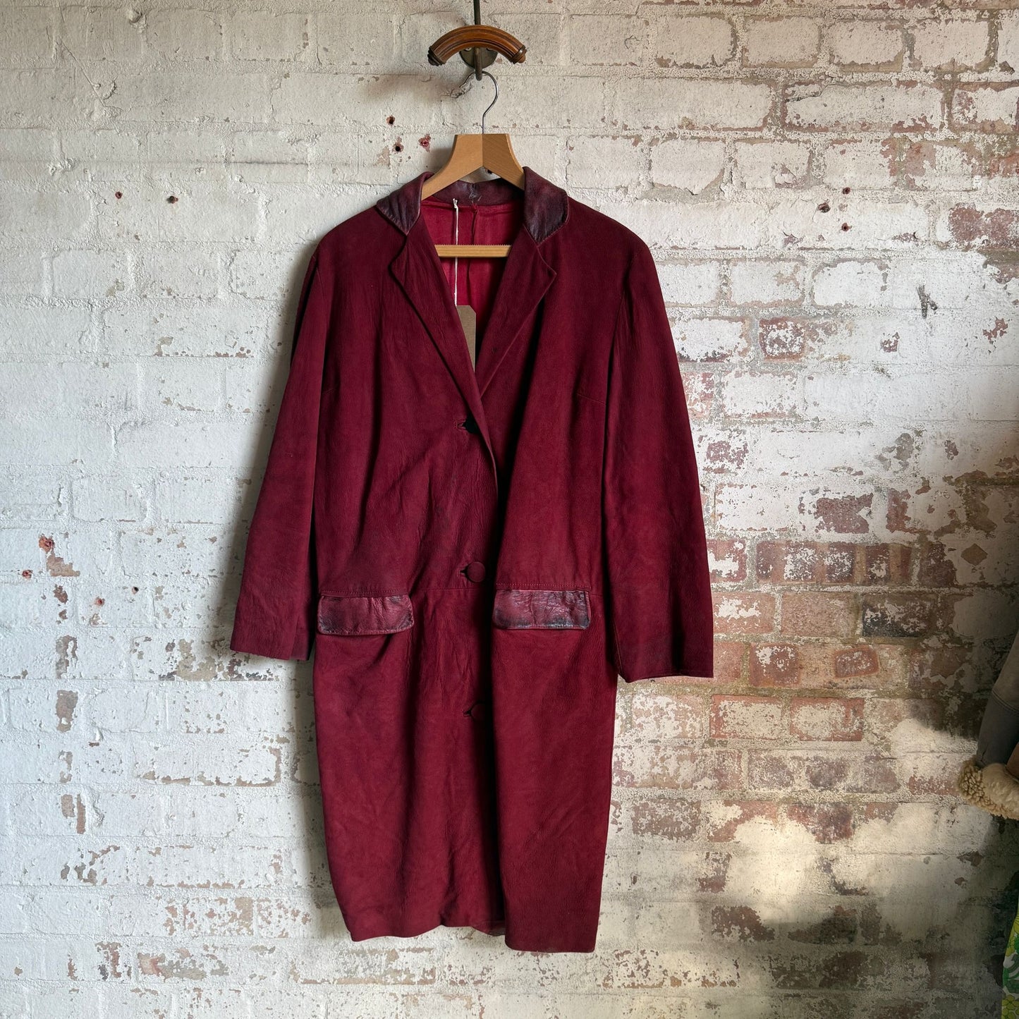 1970s Red Leather Suede Long Coat Jacket