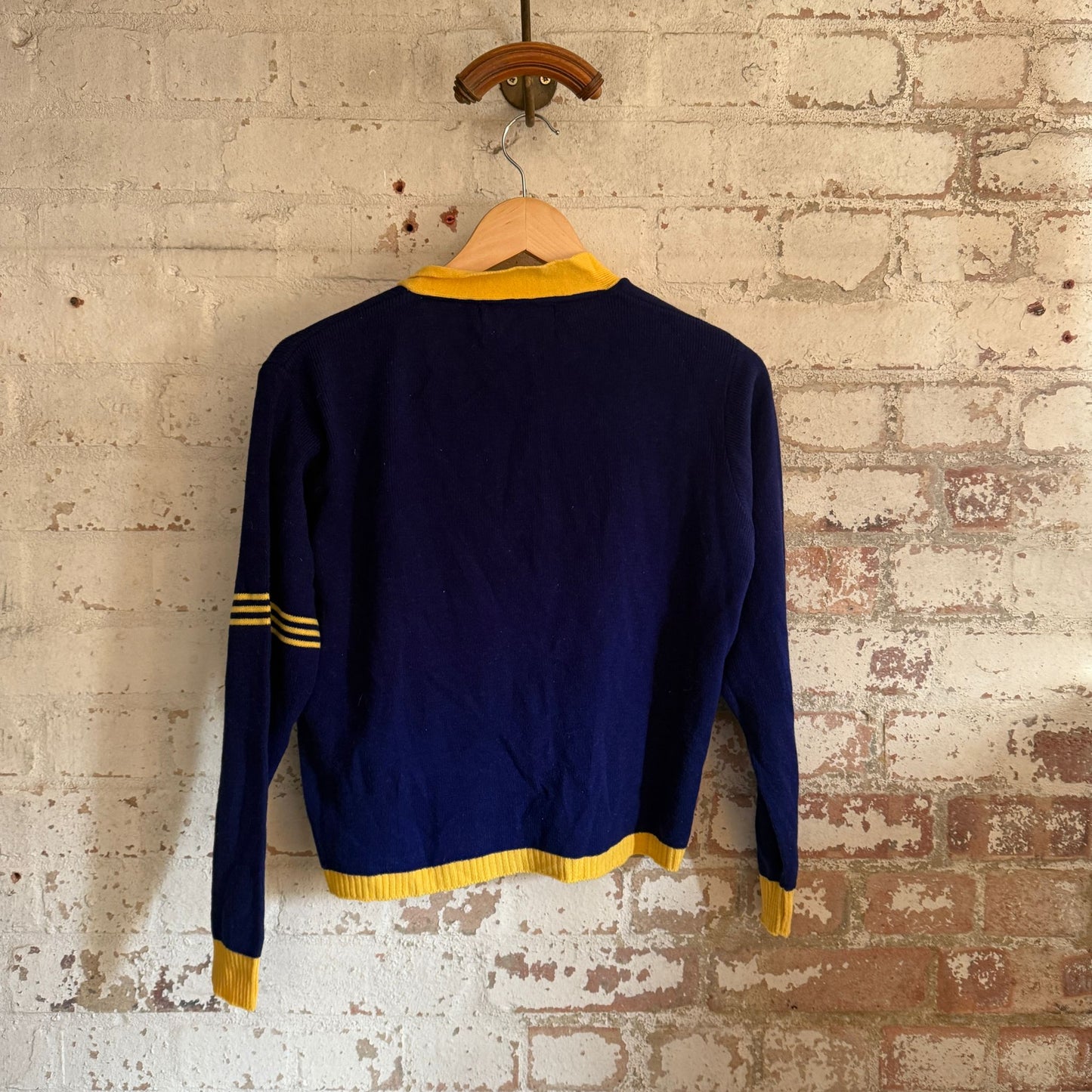 1970s Navy Knitted College Style Cardigan Jumper