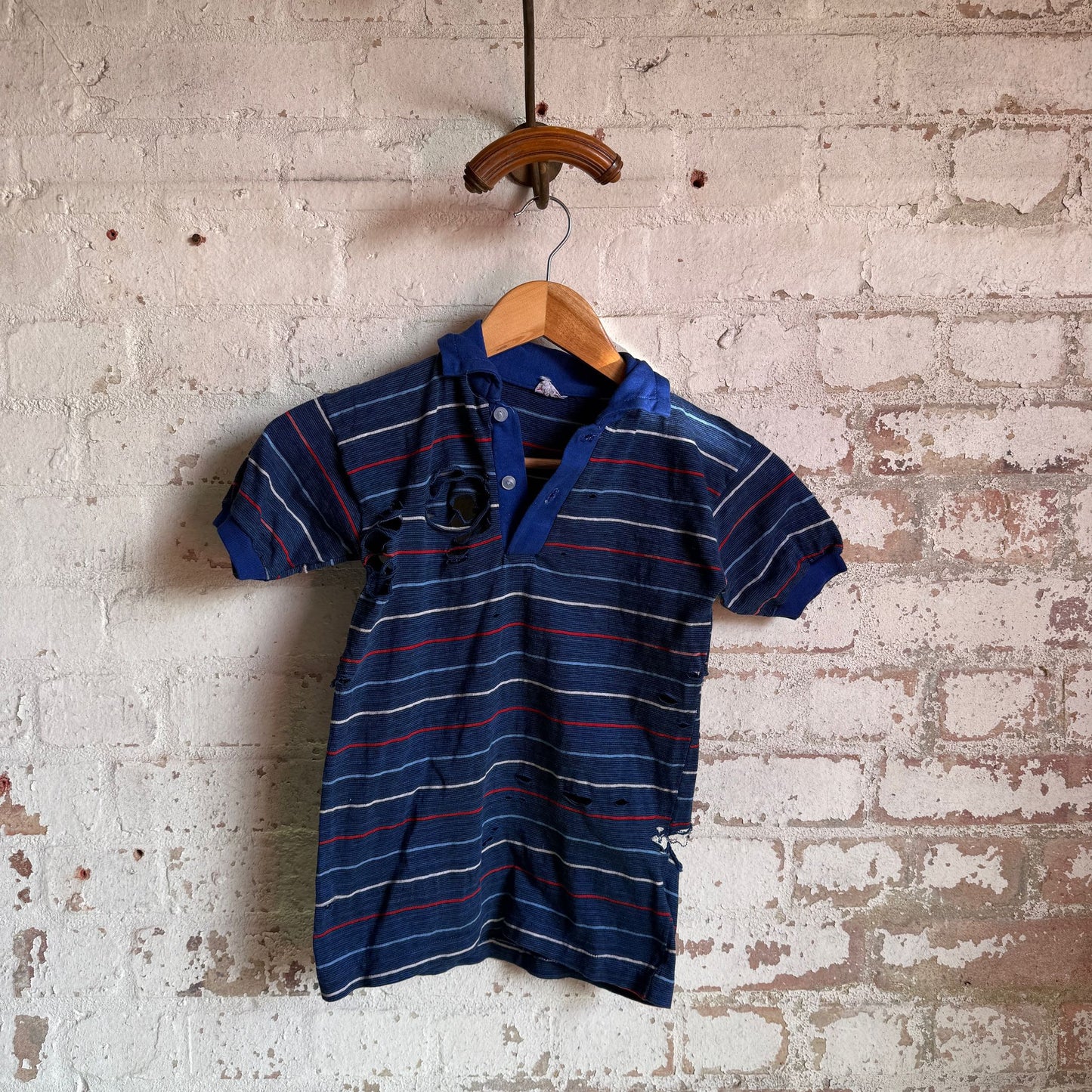 1960s Blue Distressed Striped British Polo Shirt Top