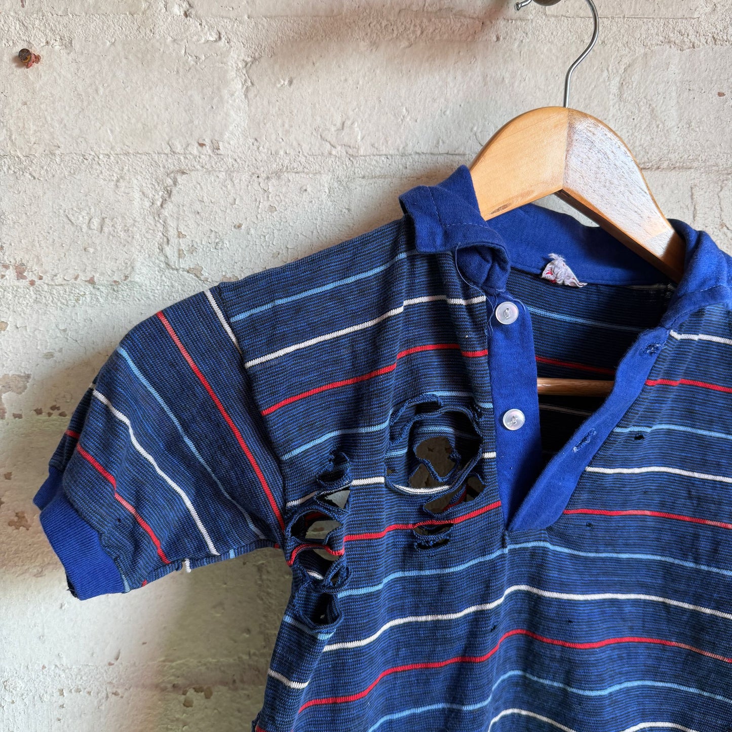 1960s Blue Distressed Striped British Polo Shirt Top