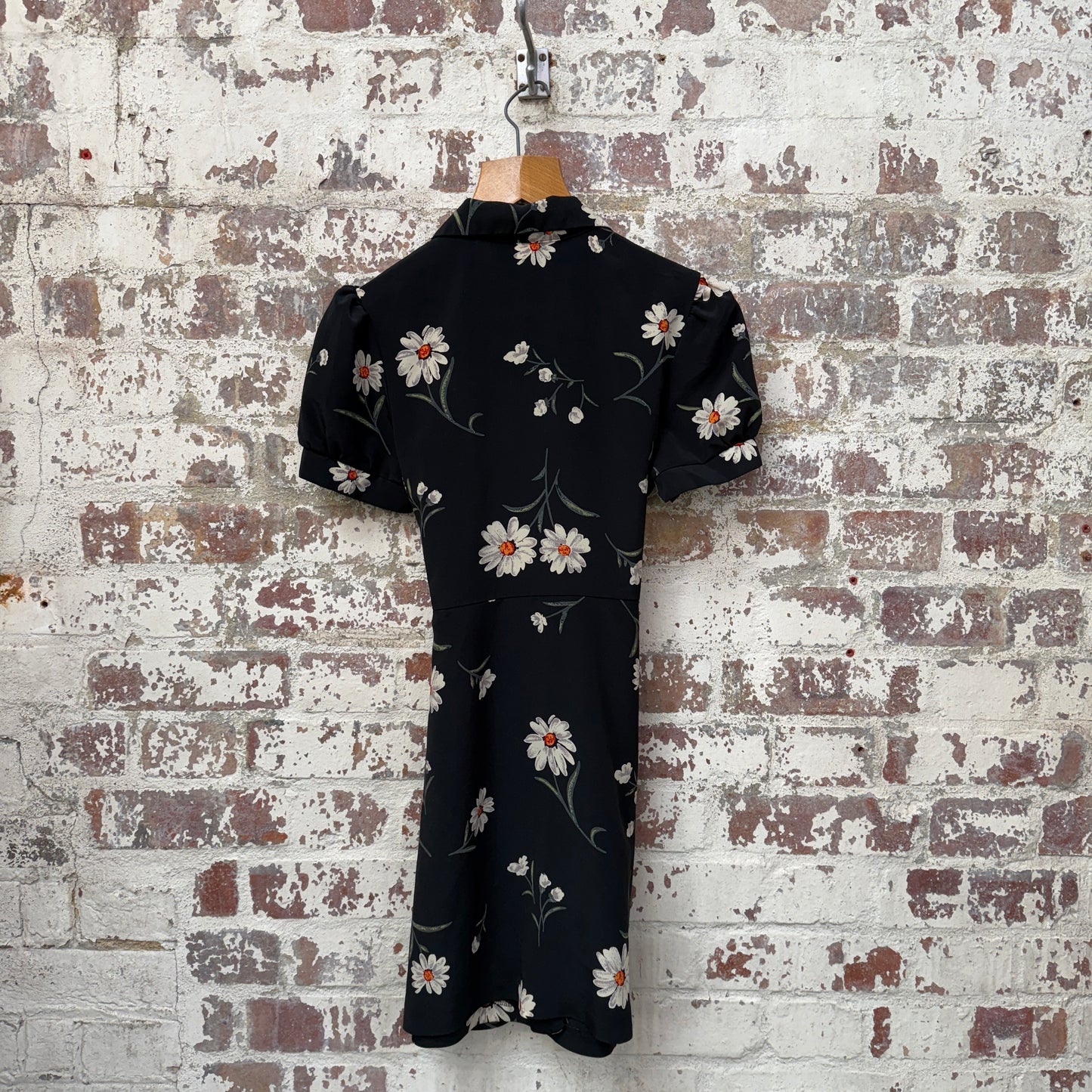 1980s Black Flower Printed Belted Dress