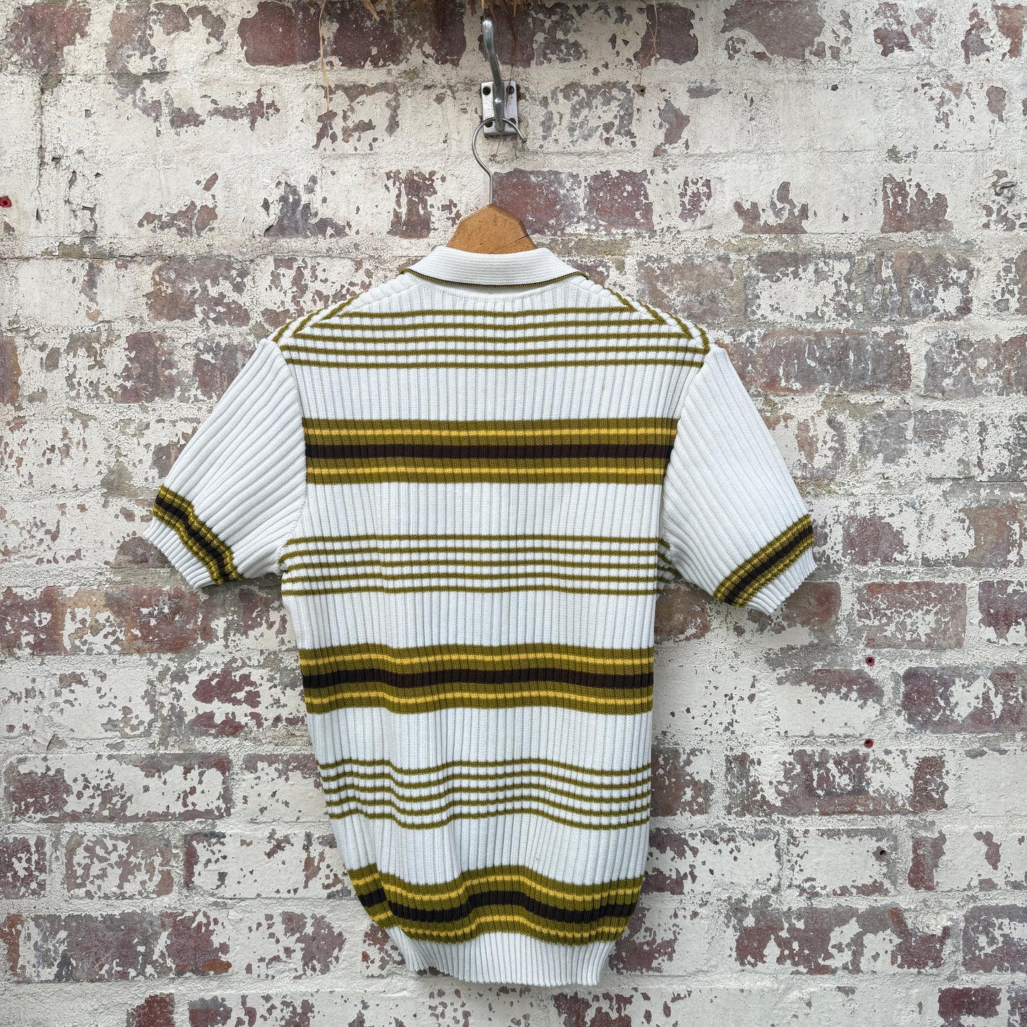 1960s 1970s White Knitted Striped Polo Shirt Top