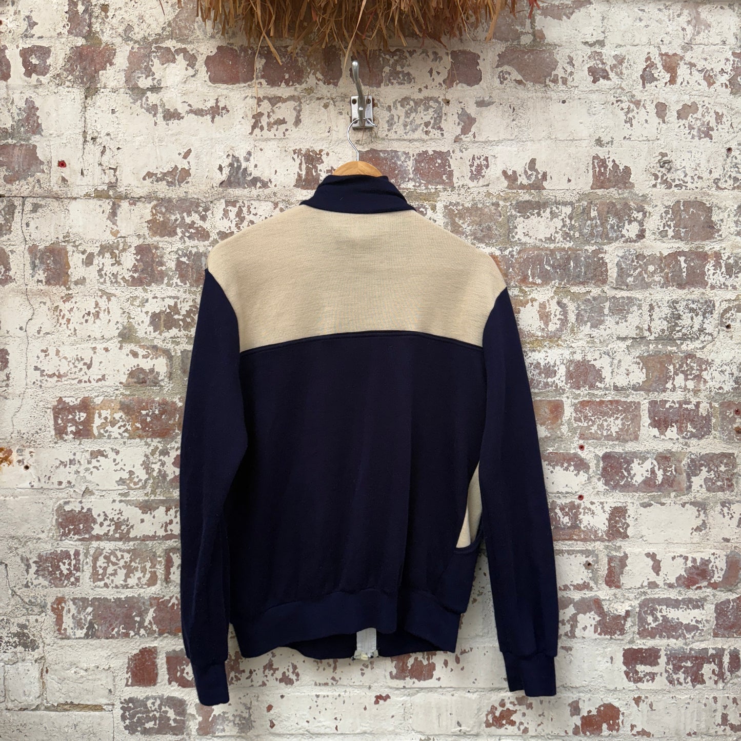 1980s Navy and Beige Zip Up Track Top