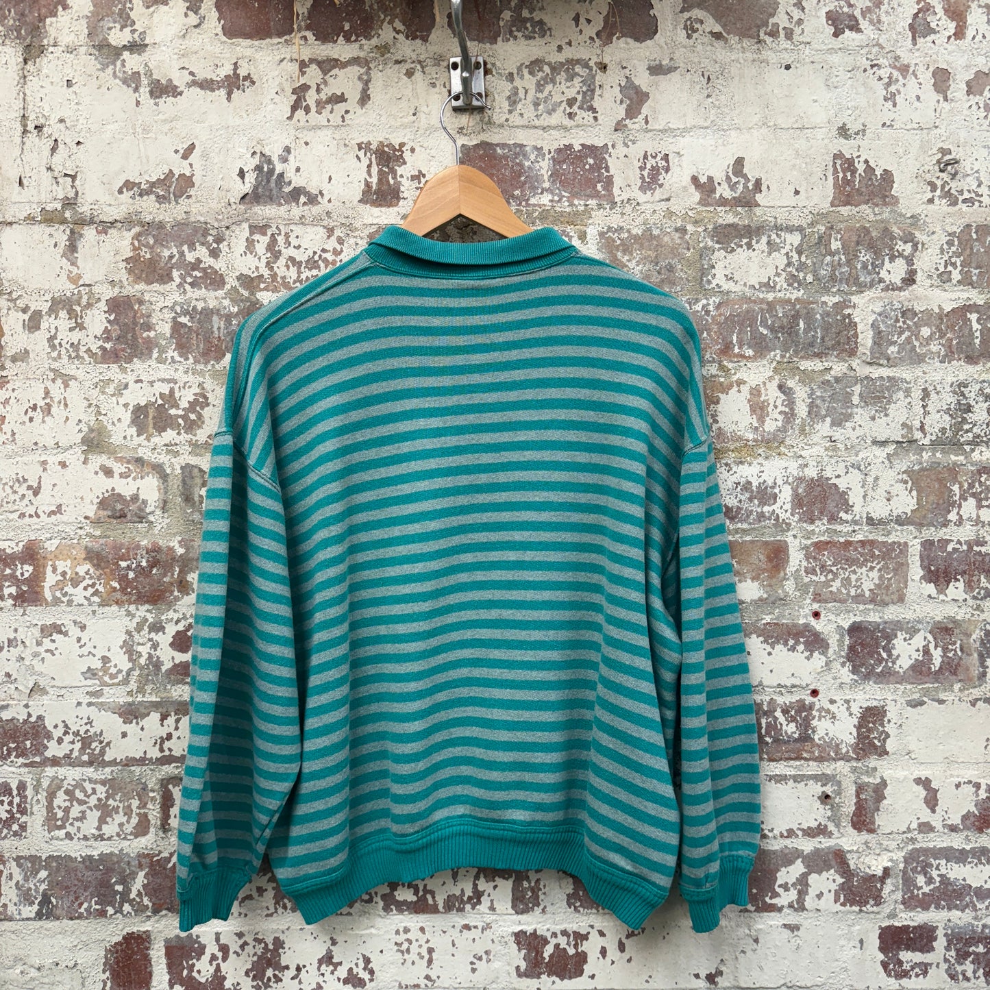 1980s Green Striped Button Sweatshirt Jumper
