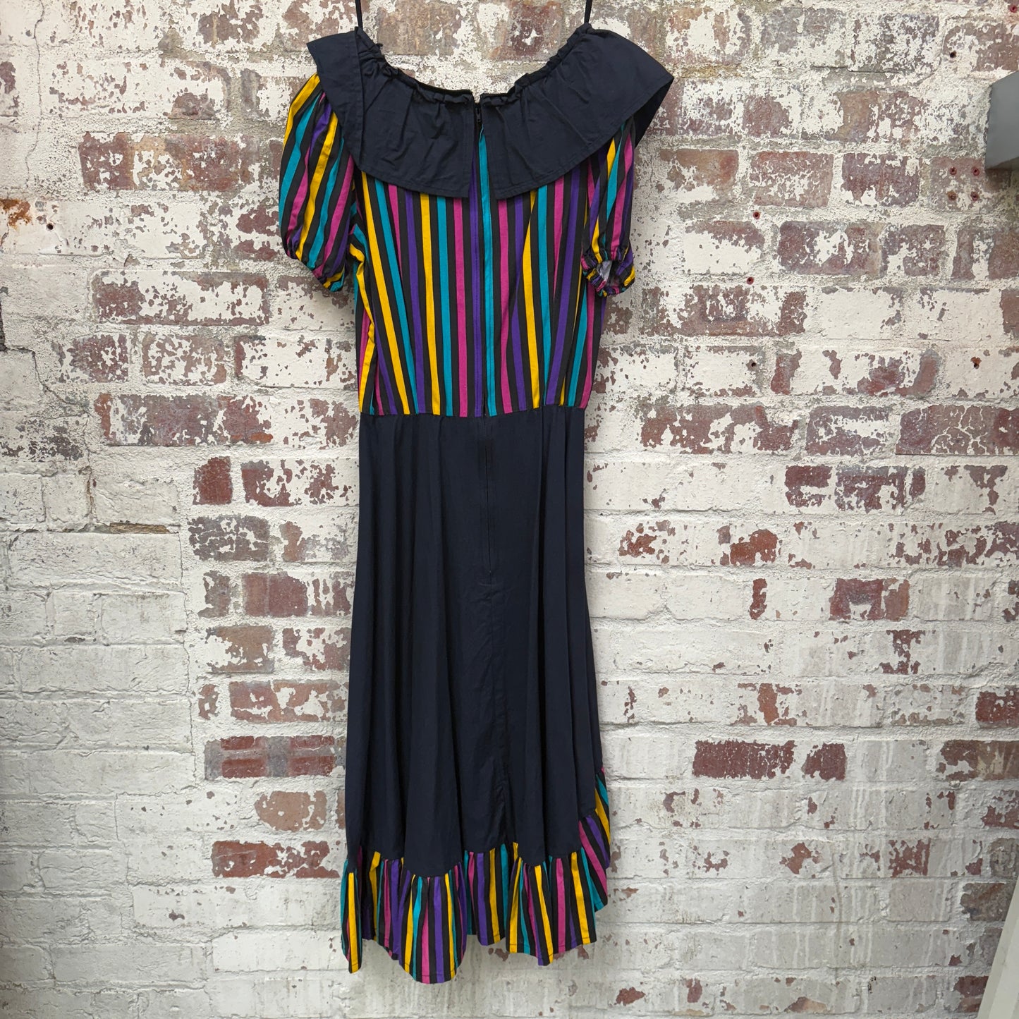 1970s Black Striped Cotton Dress