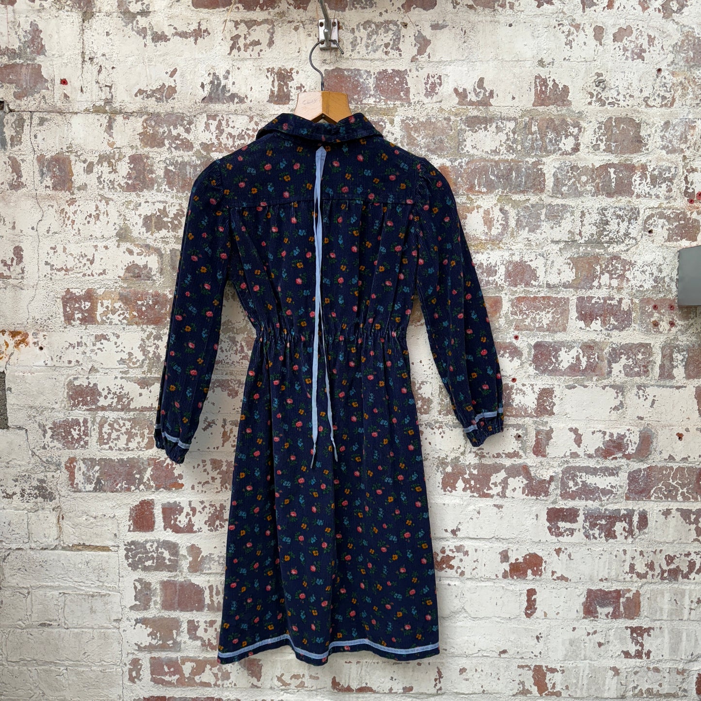 1970s Navy Corduroy Printed Dress