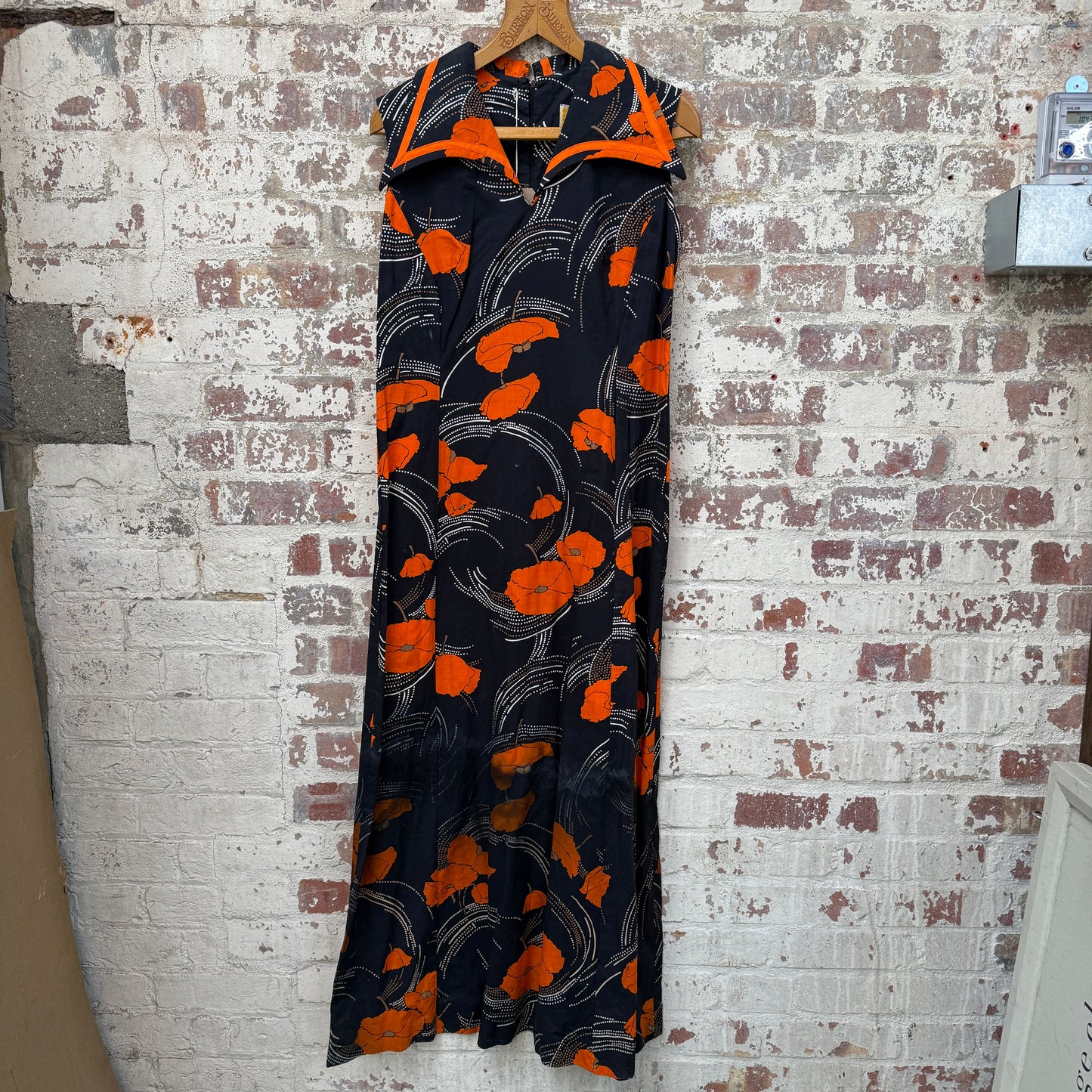 1970s Orange and Black Print Cotton Dress