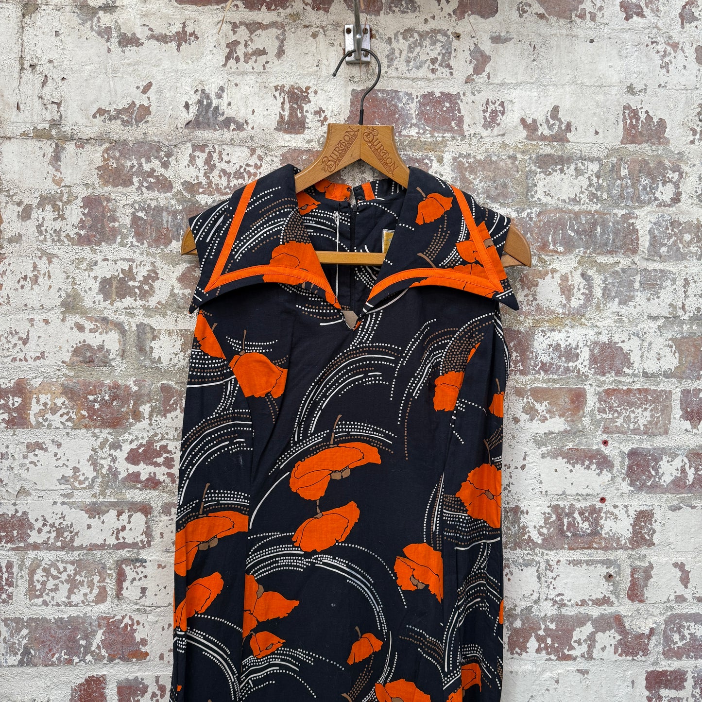 1970s Orange and Black Print Cotton Dress