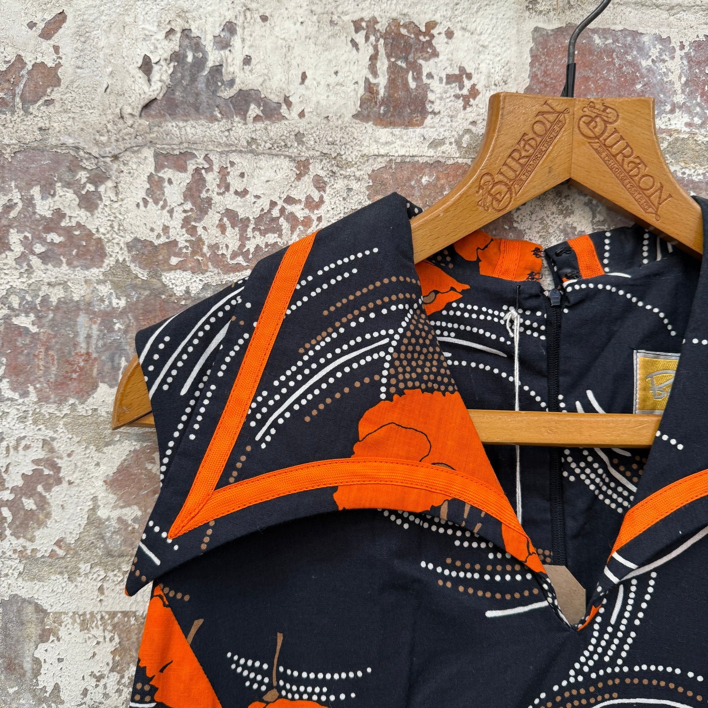 1970s Orange and Black Print Cotton Dress