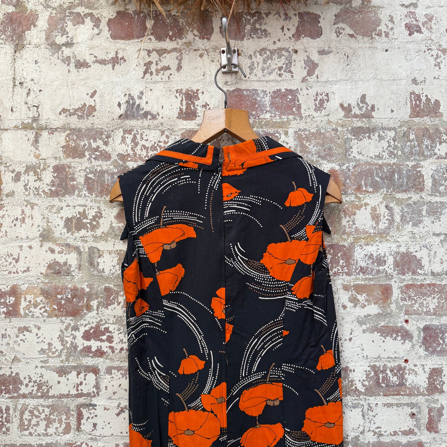 1970s Orange and Black Print Cotton Dress