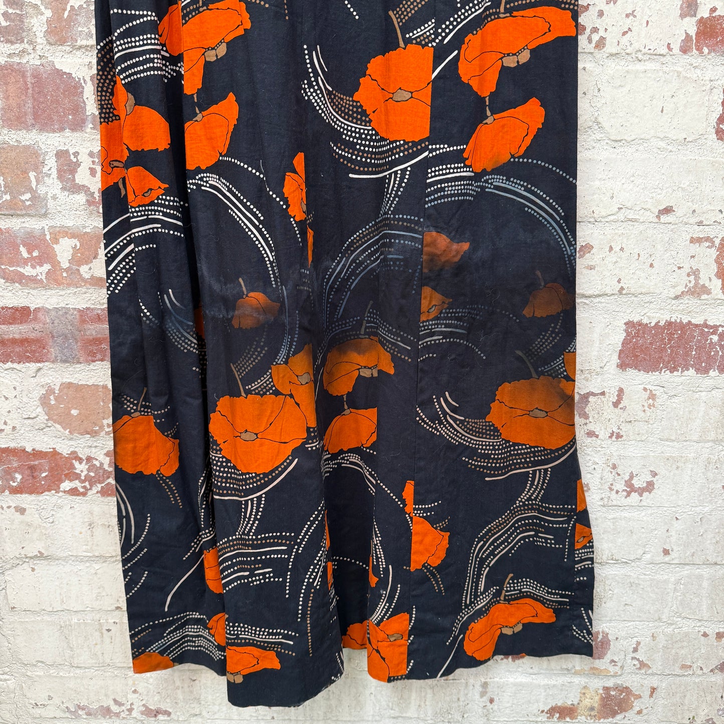 1970s Orange and Black Print Cotton Dress