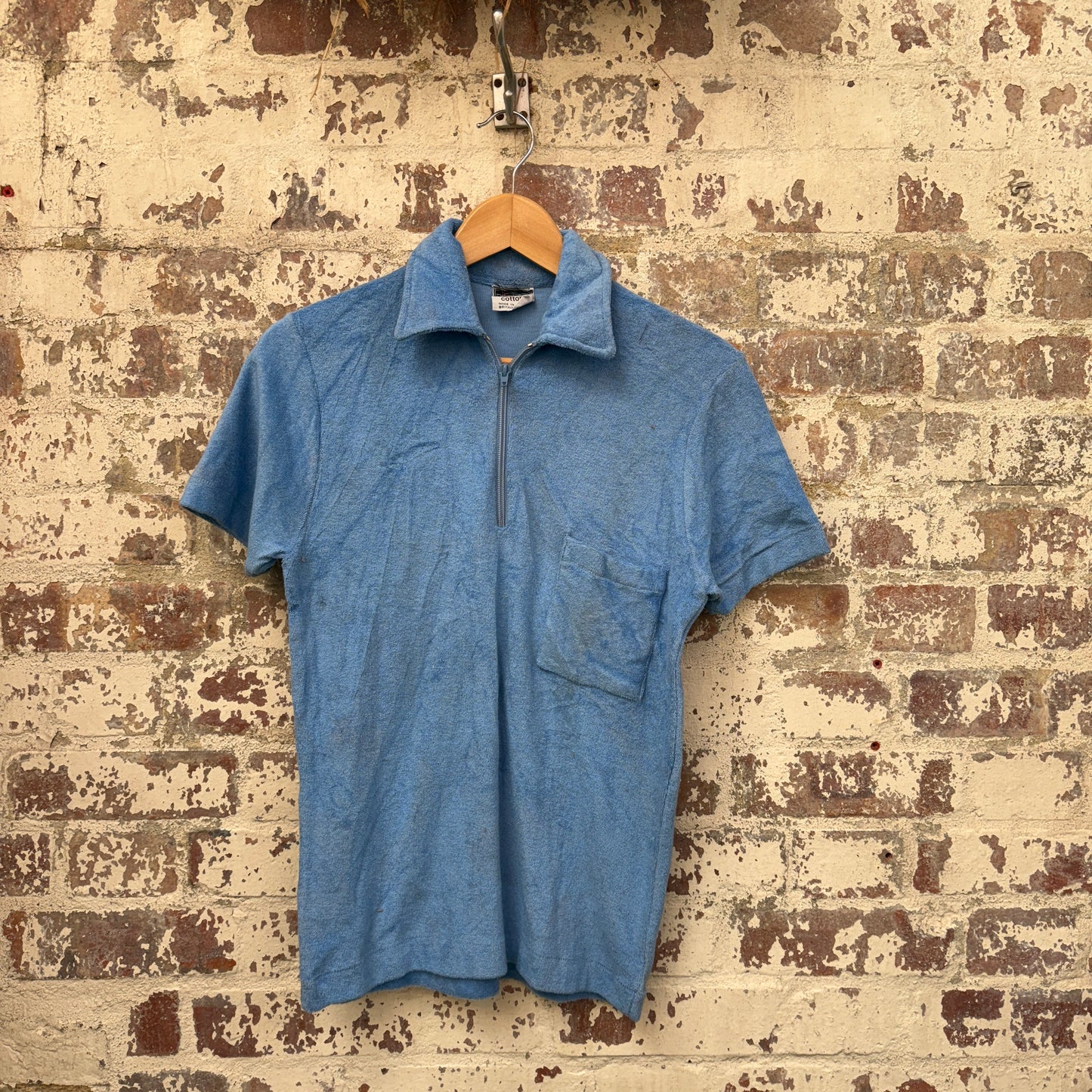 1970s Blue Towelling Zip Polo Shirt Top