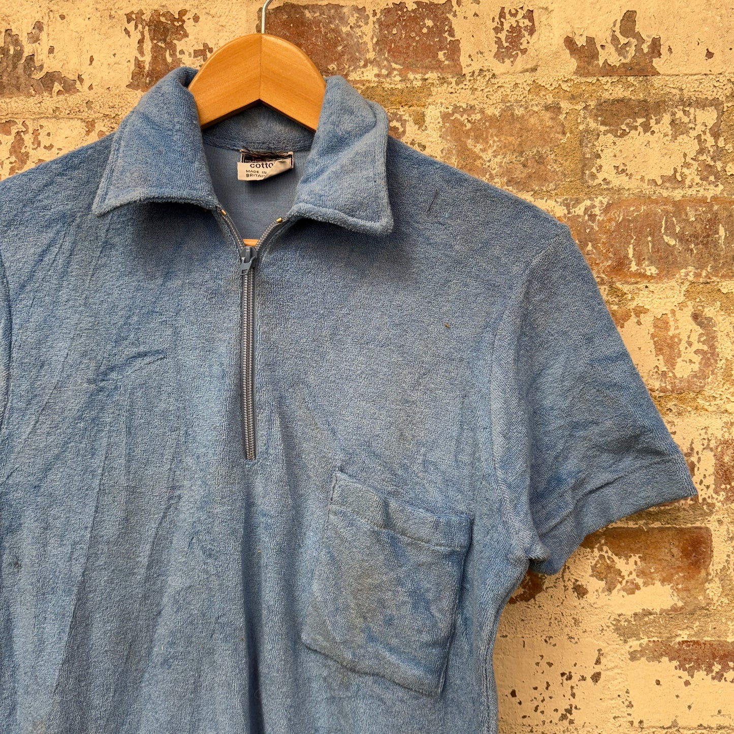 1970s Blue Towelling Zip Polo Shirt Top