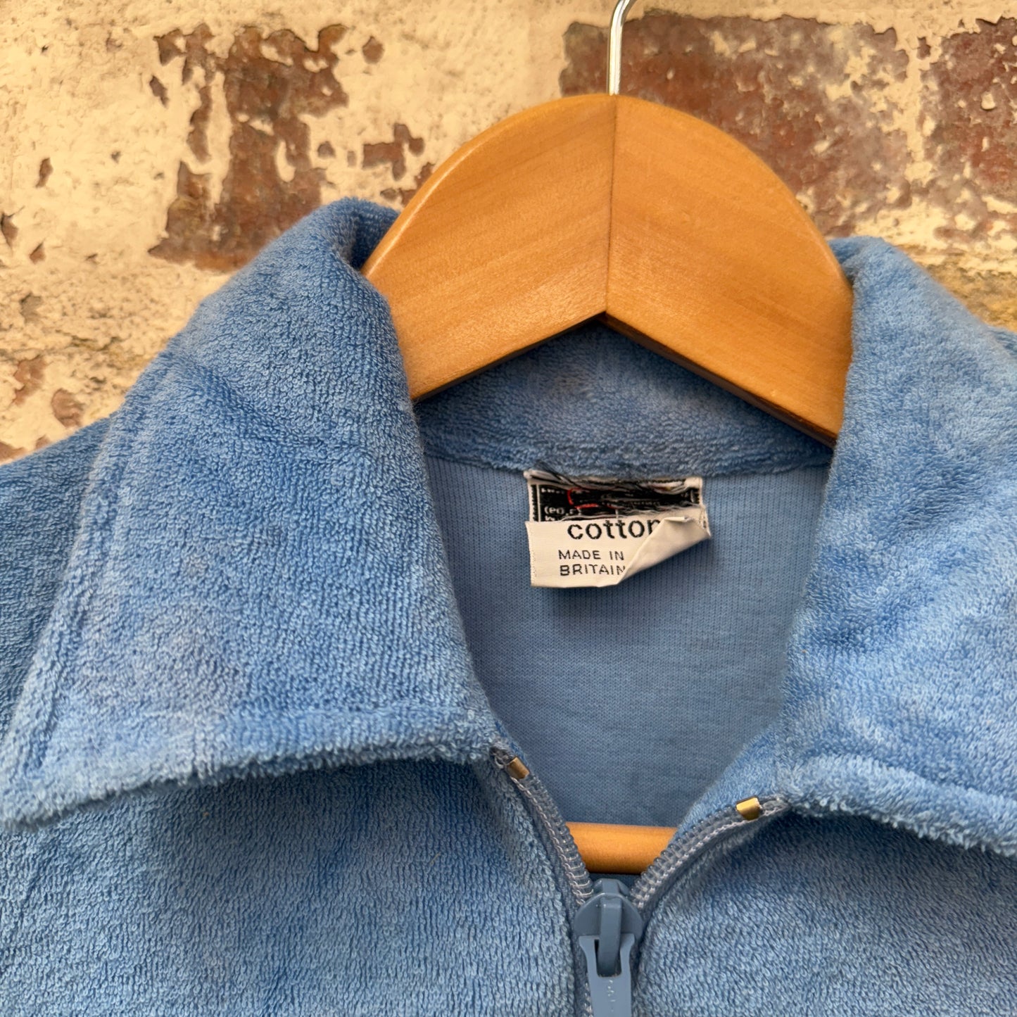 1970s Blue Towelling Zip Polo Shirt Top