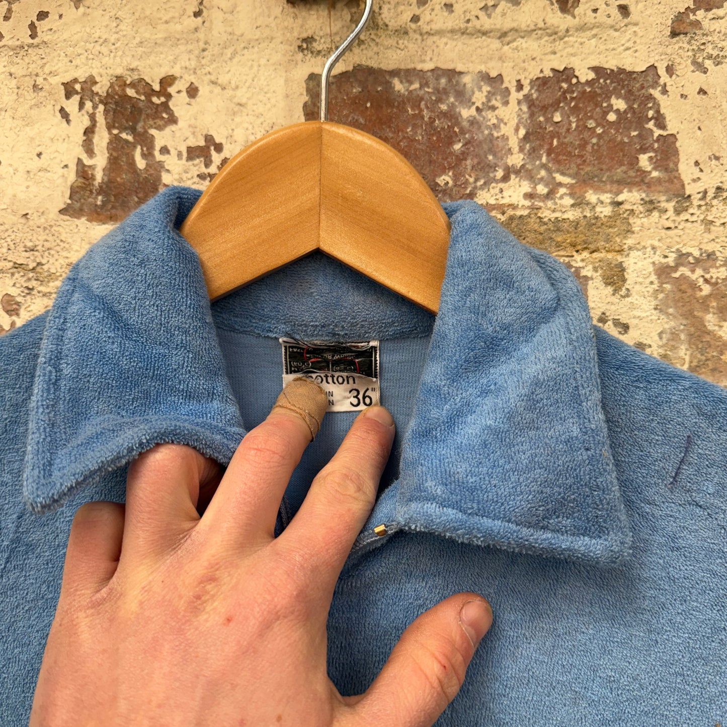 1970s Blue Towelling Zip Polo Shirt Top
