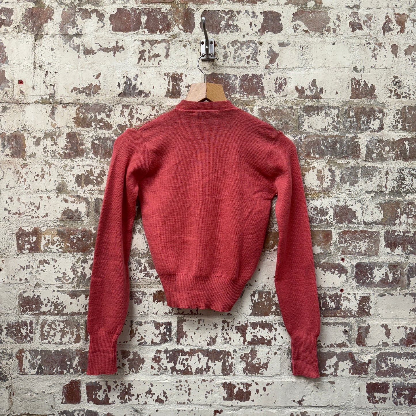 1950s British Pink Wool Knitted Cardigan Jumper