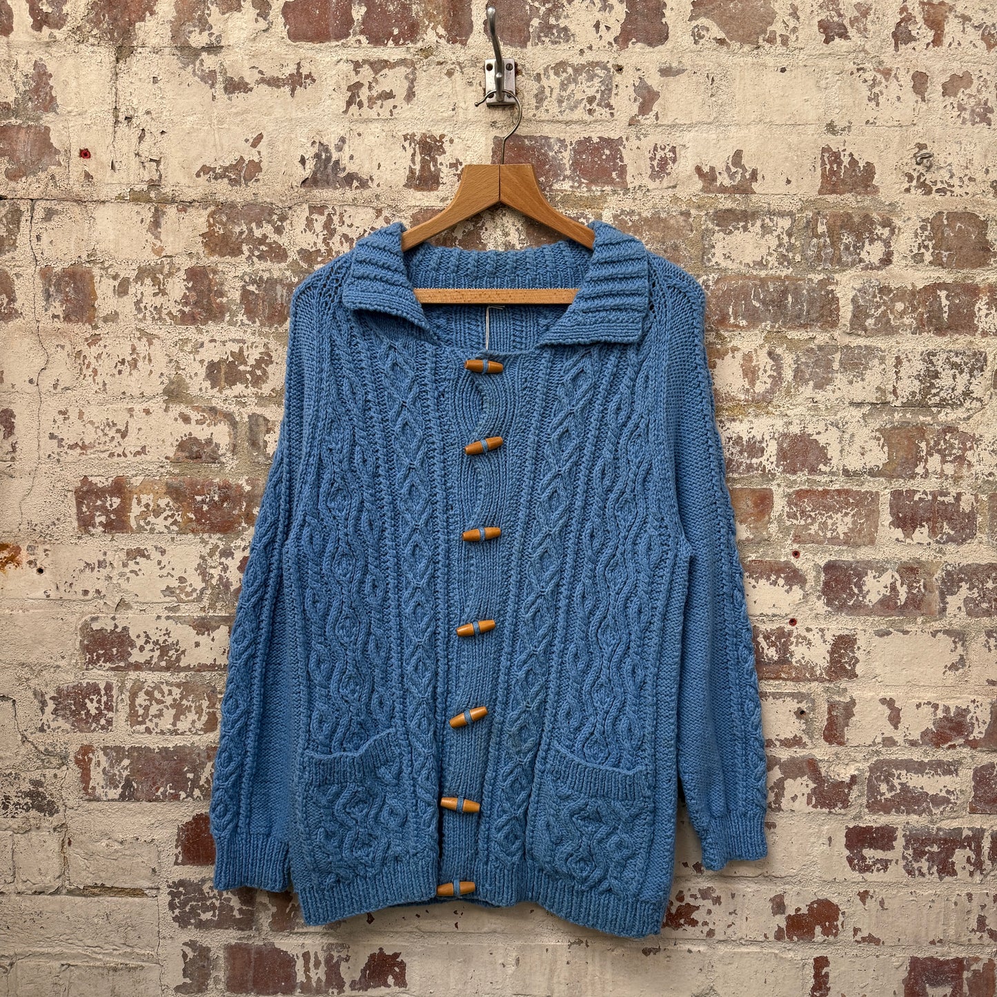 1980s Blue Wool Cable Knit Toggle Jumper