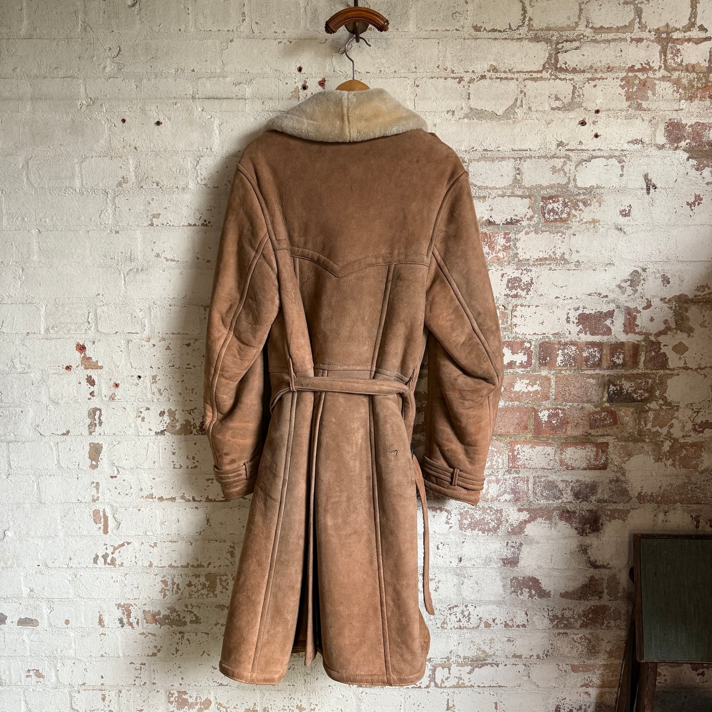 1970s Long Sheep Skin Belted Suede Coat Jacket