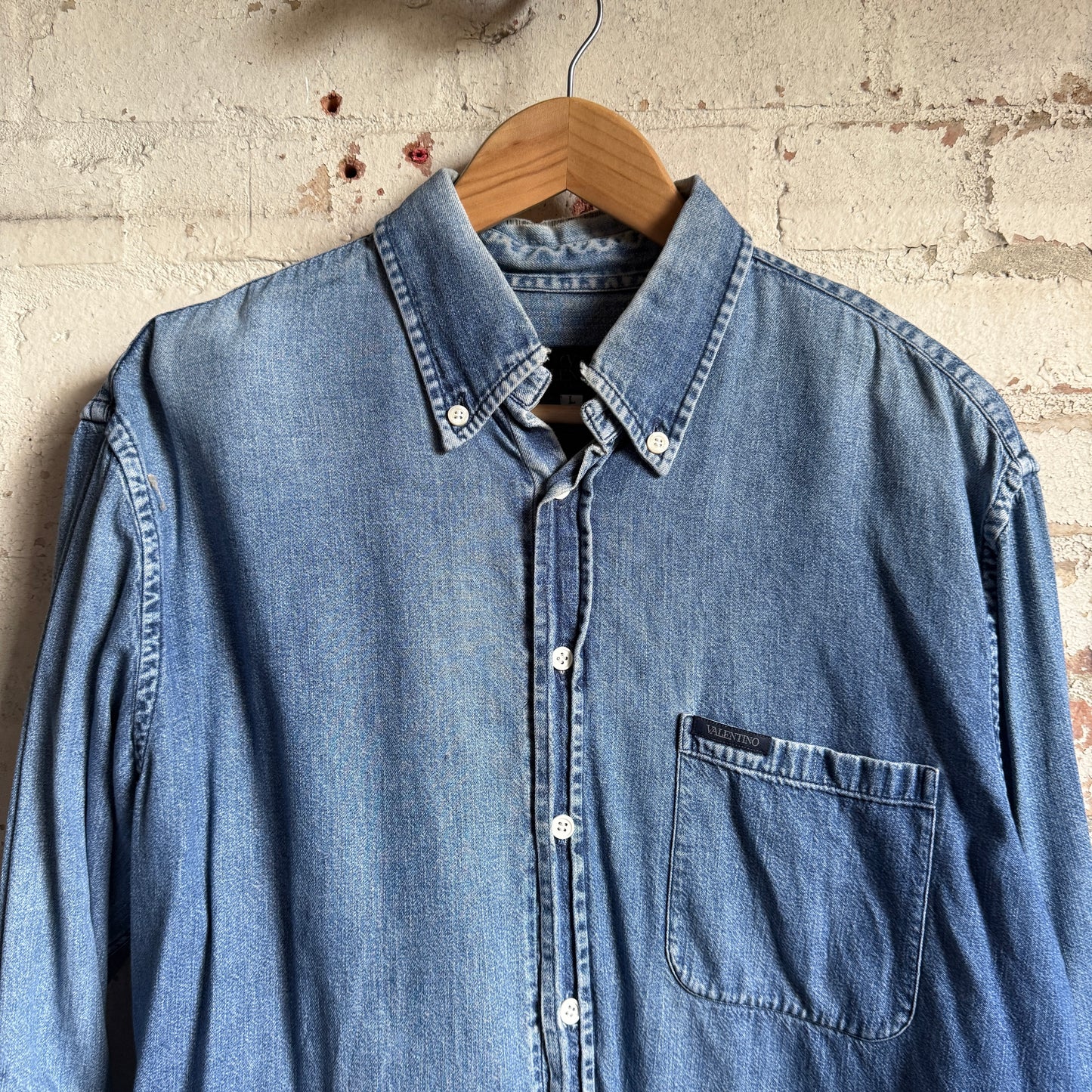 1990s Blue Denim Valentino Button Shirt