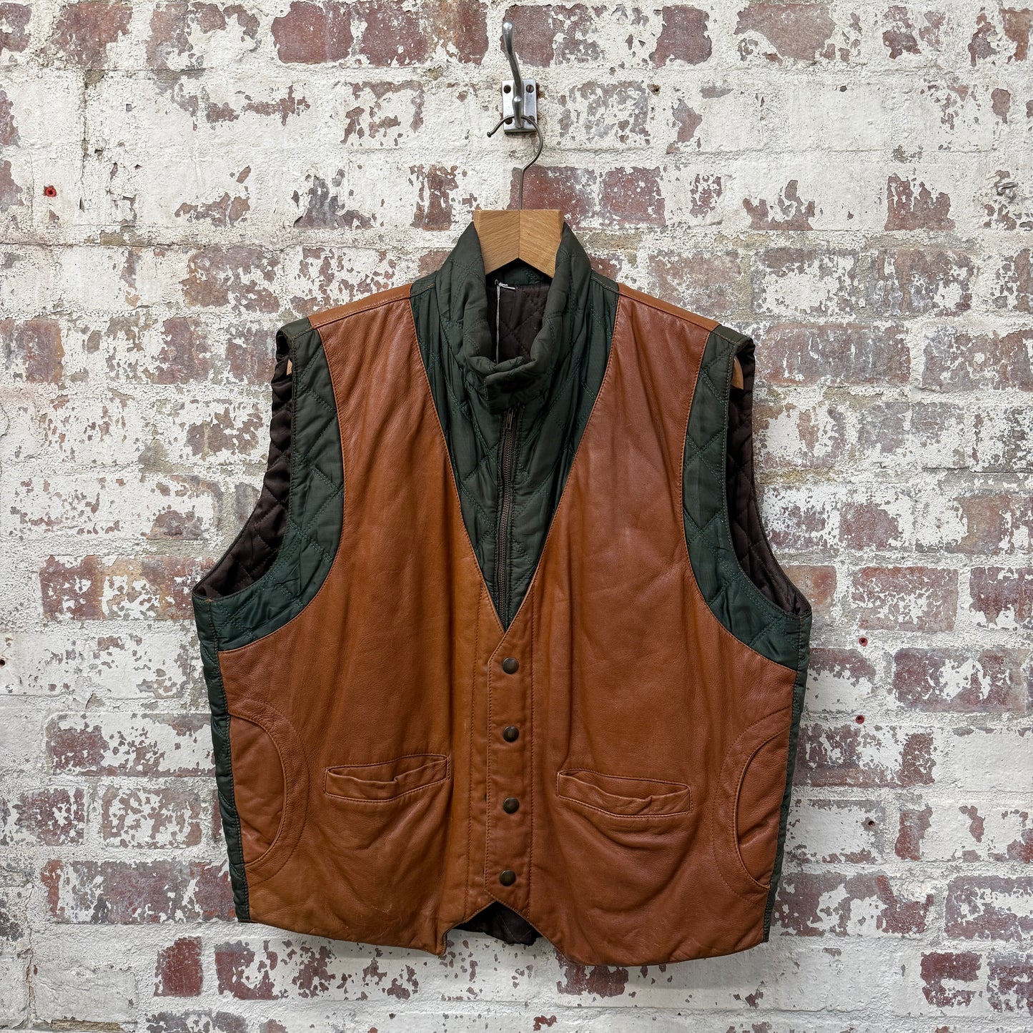 1970s Green Leather Padded Gilet Jacket