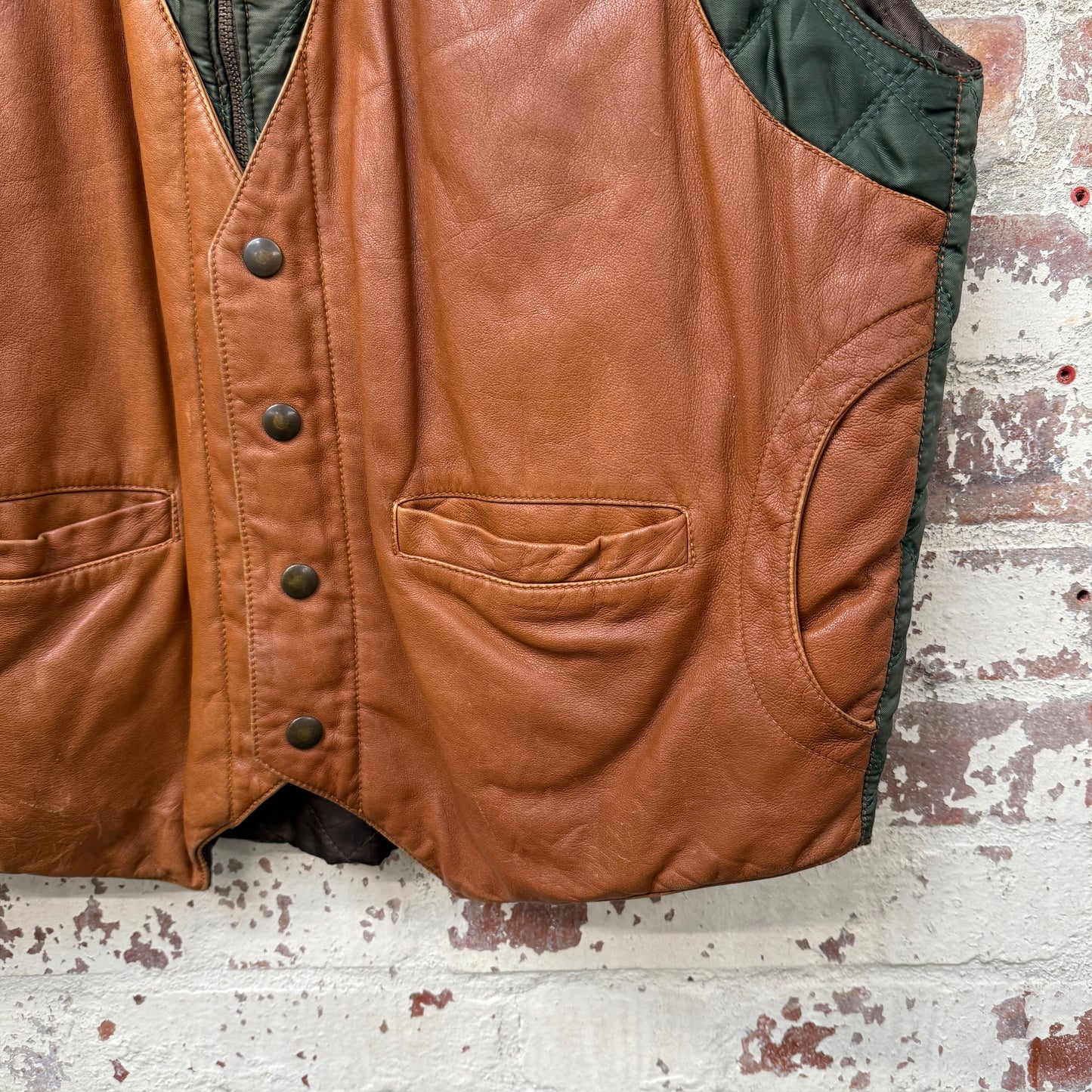1970s Green Leather Padded Gilet Jacket