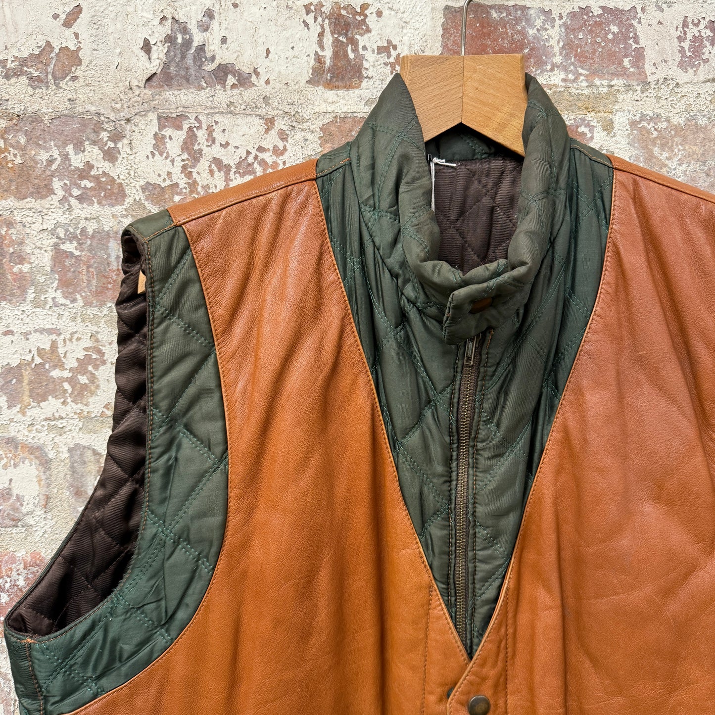 1970s Green Leather Padded Gilet Jacket
