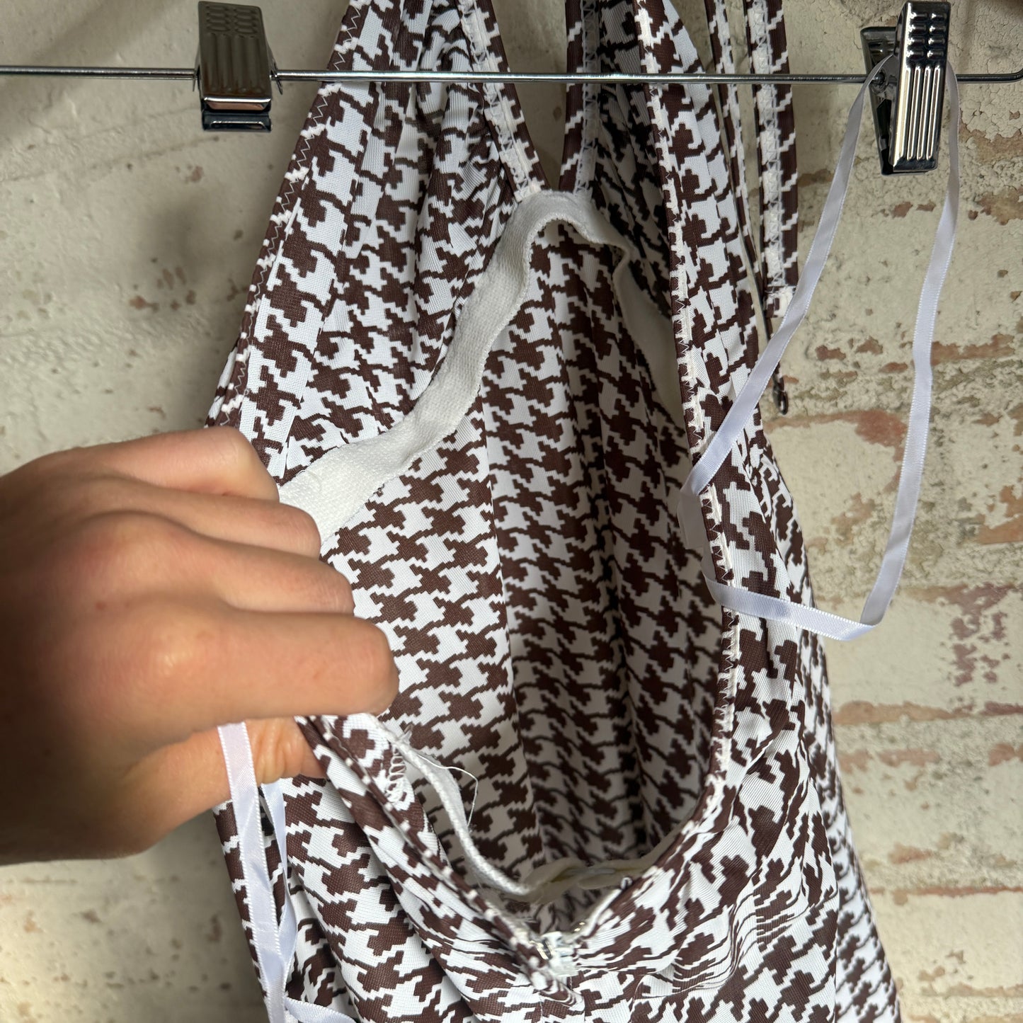 1970s Brown Houndstooth Checkered Halter Neck Dress