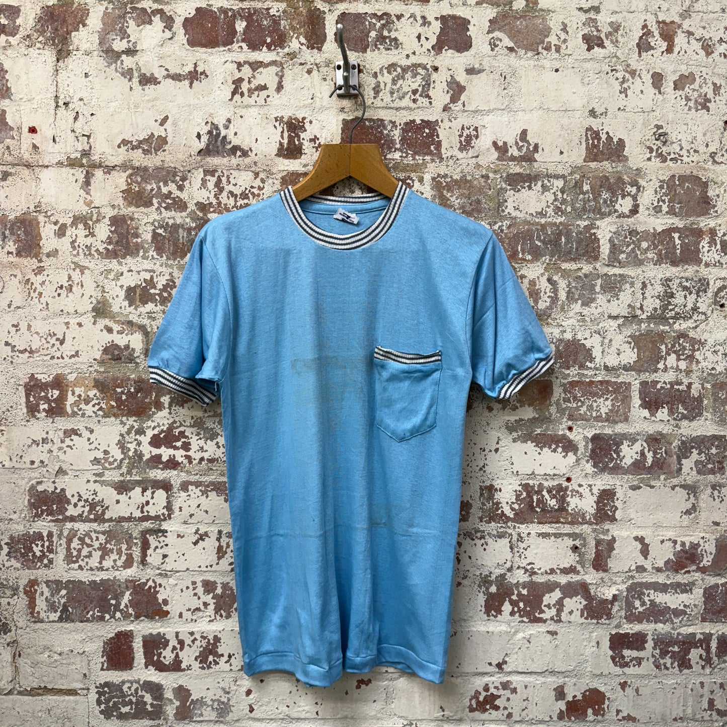 1970s Blue British Deadstock Pocket Crewneck T-Shirt